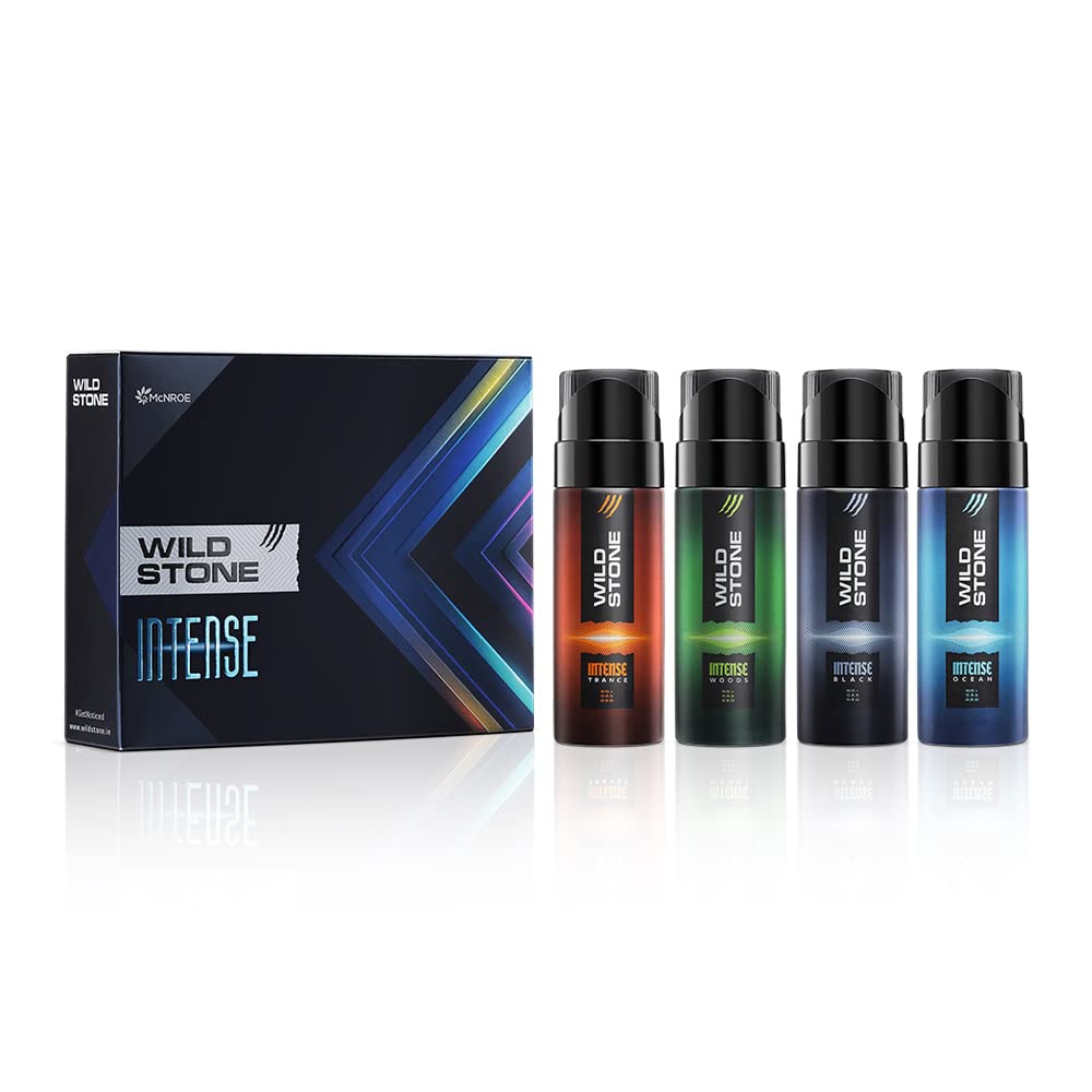 Wild Stone Intense No Gas Deodorant Spray for Men - Travel Pack Gift Set (4x40ml) with Black, Ocean, Trance & Woods Scents | Long-Lasting Freshness | Perfect for Gym, Office & Outdoor Activities