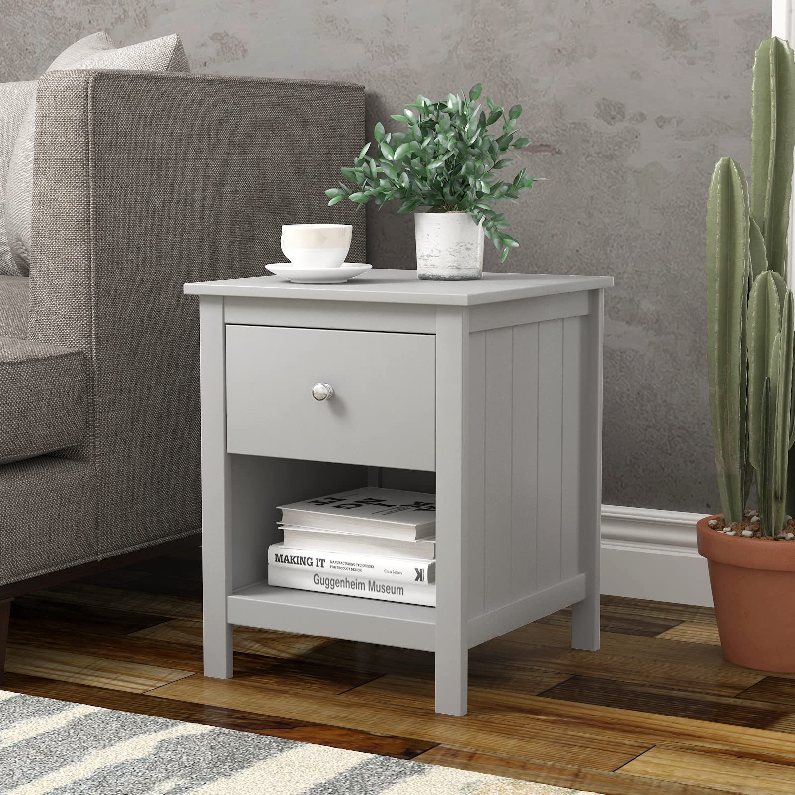 RAAMZO Modern Grey Nightstand with Drawer and Open Shelf - 22 Inch Tall Bedside Table for Bedroom, Living Room & Office - Perfect for Storing Books, Lamps & Bedroom Essentials