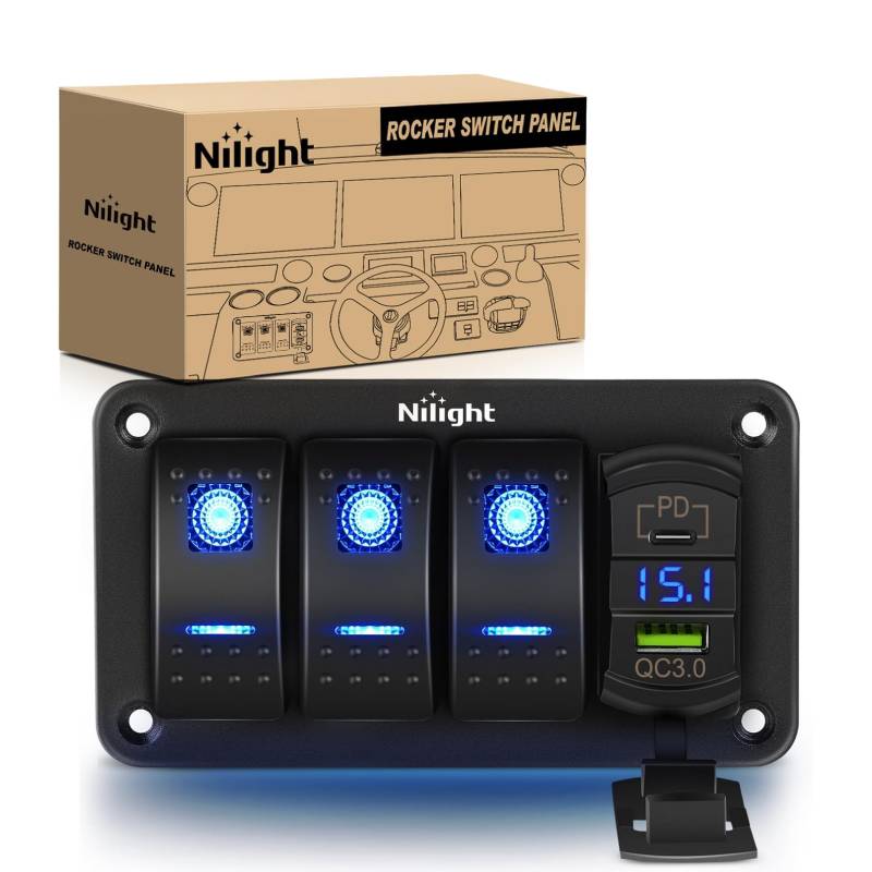 3 Gang Aluminum 5 Pin ON/Off Blue LED Rocker Switch Panel with PD Type C & USB Charger & Voltmeter - Perfect for Marine, RV, Truck, and Boat Electrical Systems