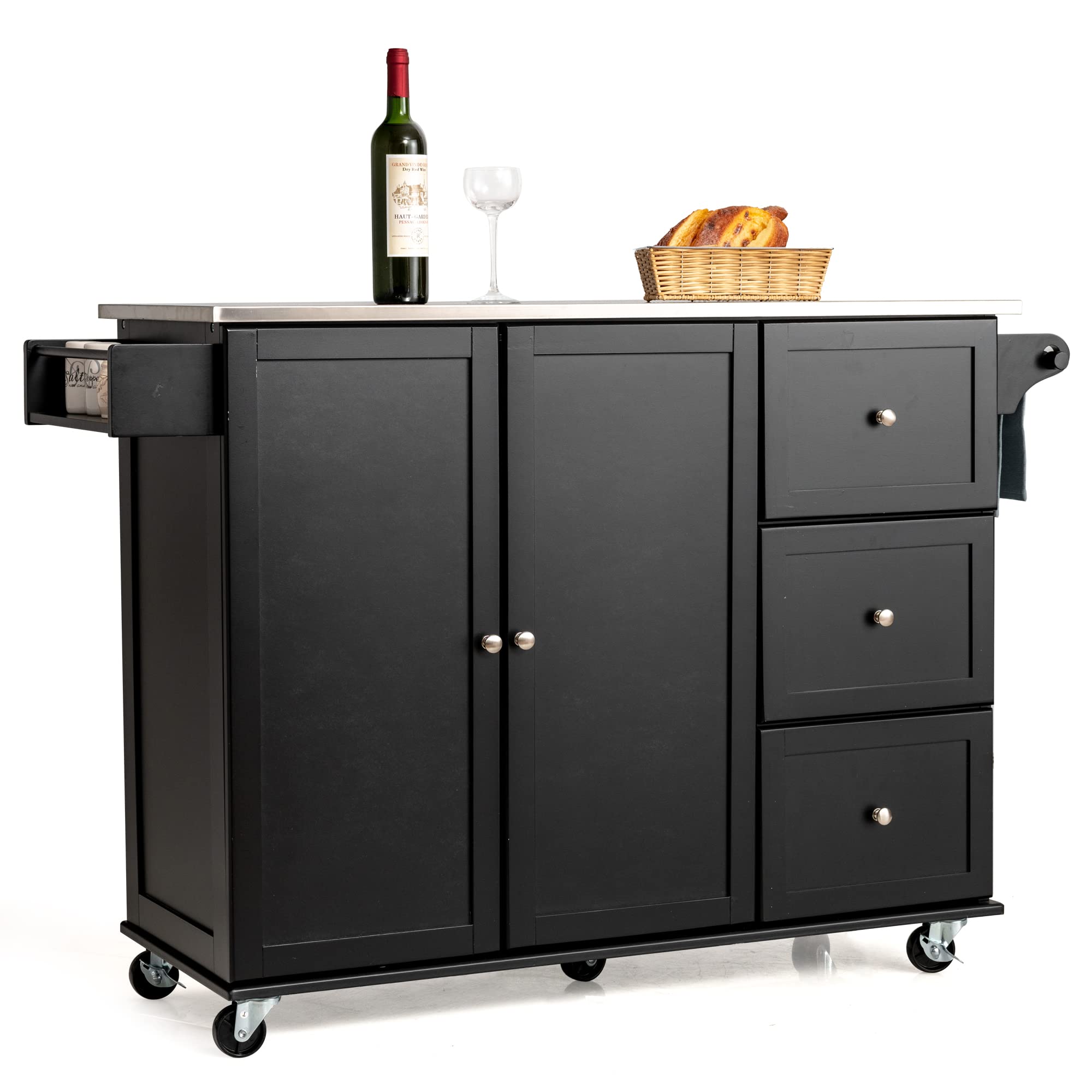 GLACER Mobile Kitchen Island Cart with Stainless Steel Countertop - 53 x 18 x 36 Inches Rolling Kitchen Cart with Wheels - Perfect for Small Kitchens, Dining Rooms & Restaurants - Space-Saving Storage Solution (Black)