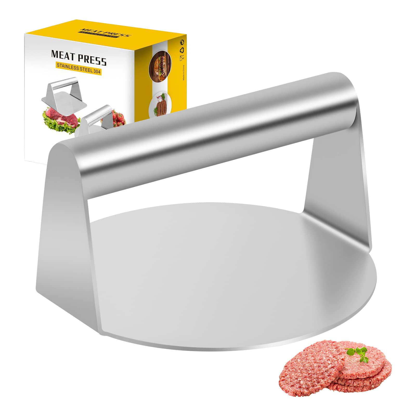 Premium 5.5 Inch 304 Stainless Steel Burger Press - Round Hamburger Patty Maker for Grilling, Squeezes Excess Grease, Dishwasher Safe & Easy to Clean - Perfect for BBQ, Backyard Cookouts, and Restaurant-Quality Homemade Burgers