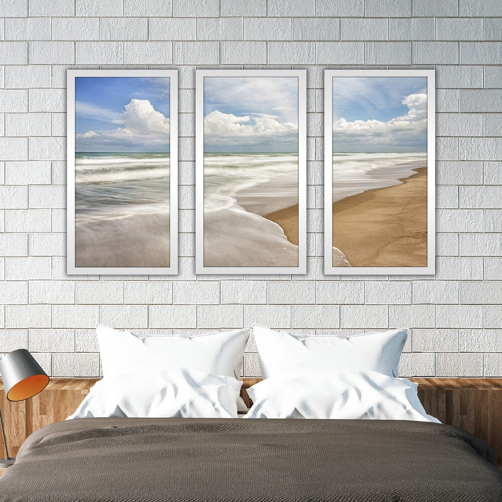 Beach Themed Framed Plexiglass Wall Art Set of 3 - Coastal Decor for Living Room, Bedroom & Office - Ocean Wave & Sunset Paintings - Ready to Hang