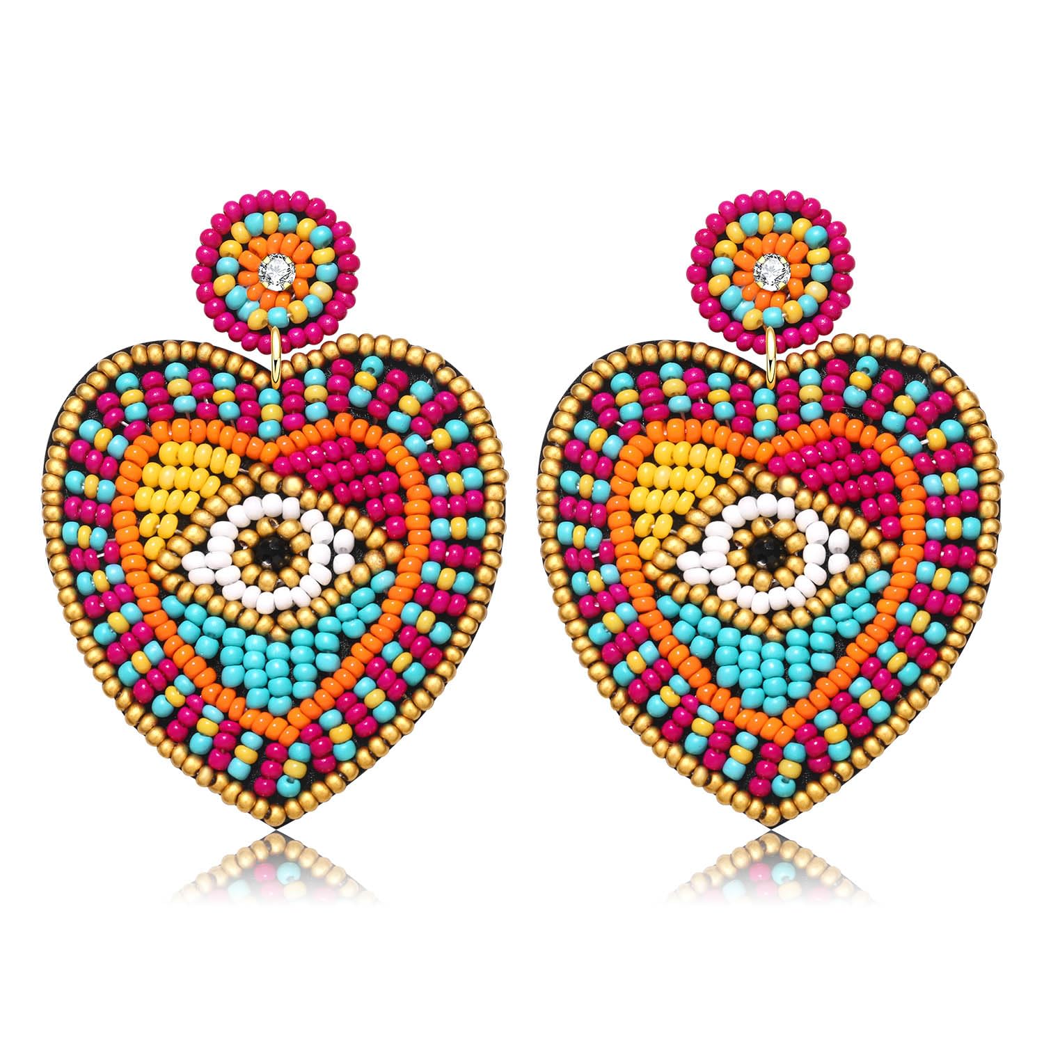 Handmade Bohemian Beaded Evil Eye Drop Dangle Earrings for Women - Multicolor Round Heart Statement Jewelry for Party, Wedding & Boho Fashion Accessories