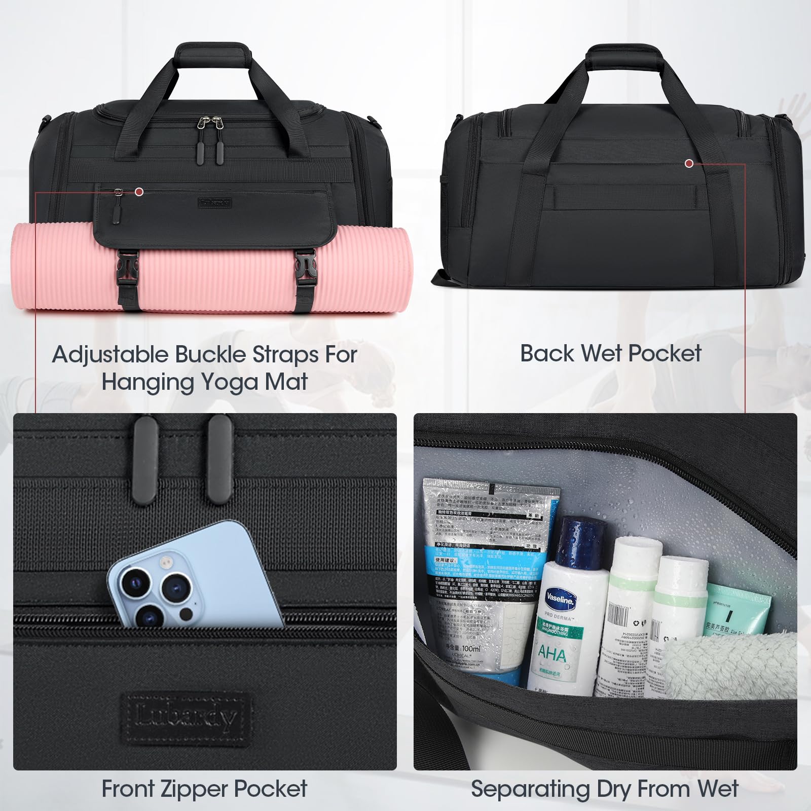 **55L Waterproof Gym Bag for Men & Women - Sports Duffel Bag with Wet Pocket & Shoe Compartment - Large Travel Duffle Bag for Workout, Weekend Trips, Overnight Stay, Beach & Carry-On Use - Black**