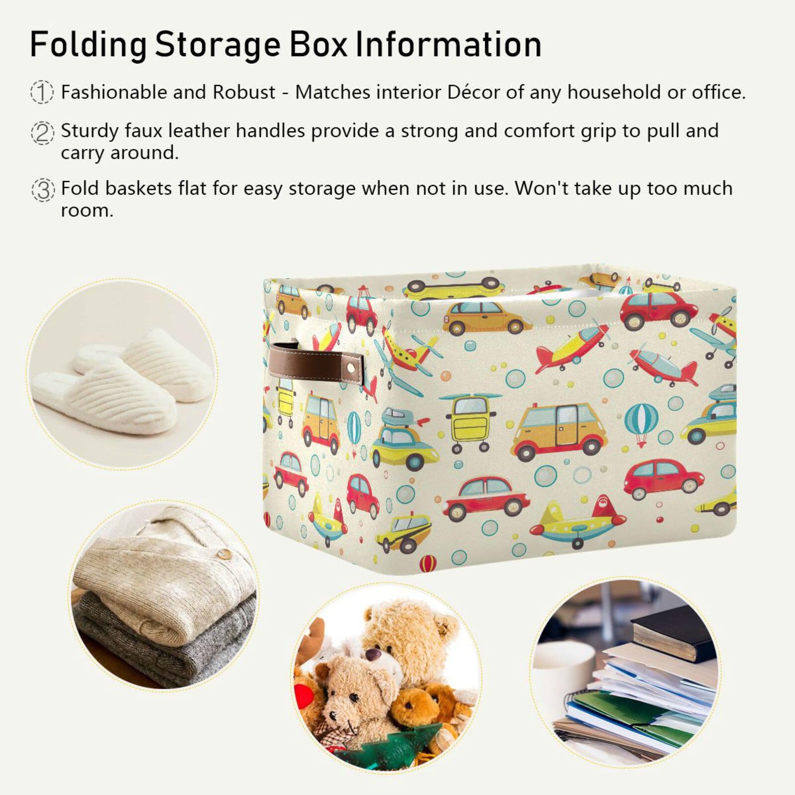 Foldable Cartoon Car Storage Bins with Handles (2-Pack) - Large Square Multi-Functional Organizer for Toys, Books & Clothes | Perfect for Kids' Room, Nursery & Closet Organization