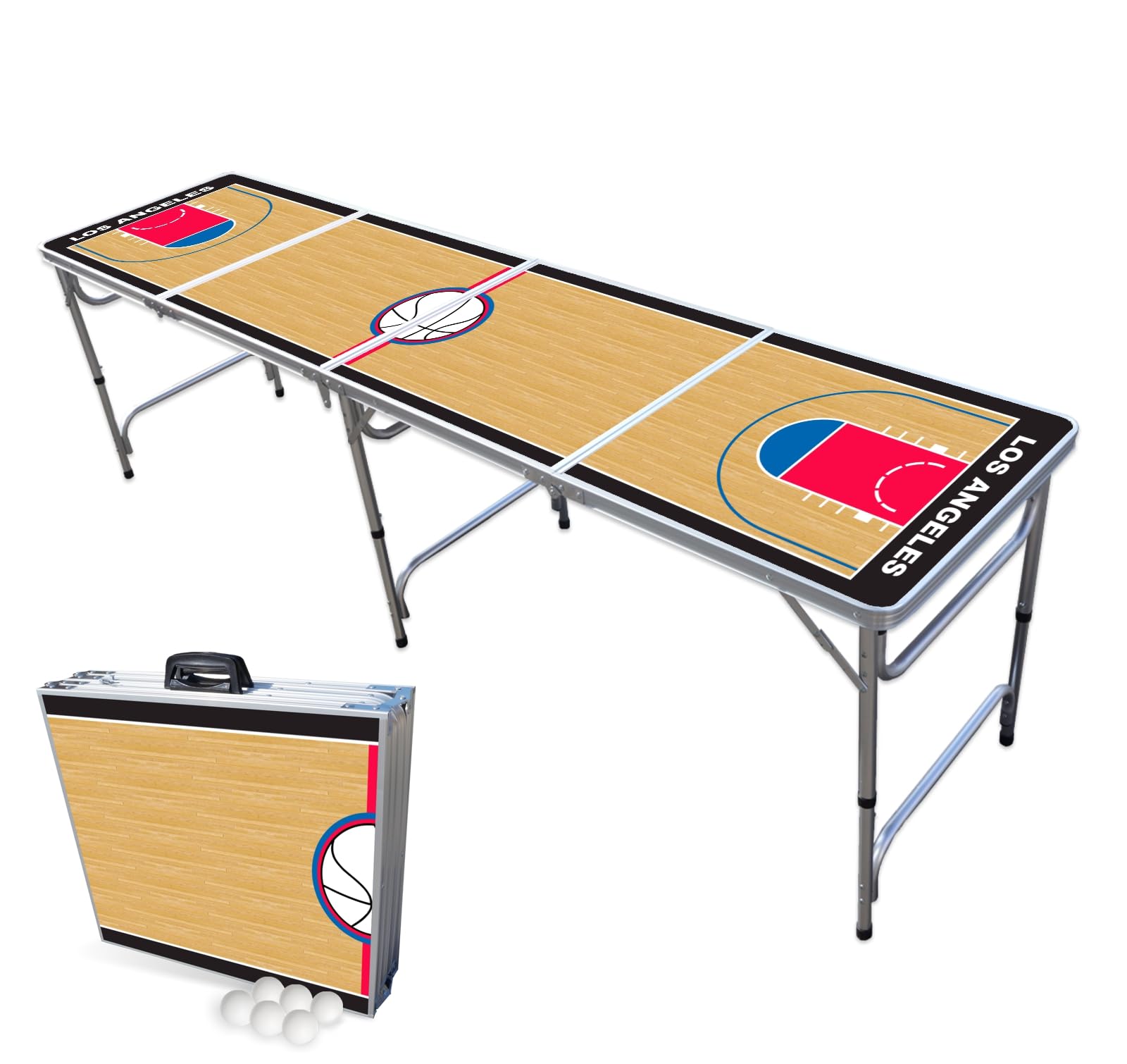 8-Foot Folding Portable Beer Pong Table with LED Lights & Optional Cup Holders - Perfect for Parties, Tailgates & Backyard Games (Los Angeles Basketball Court Edition)