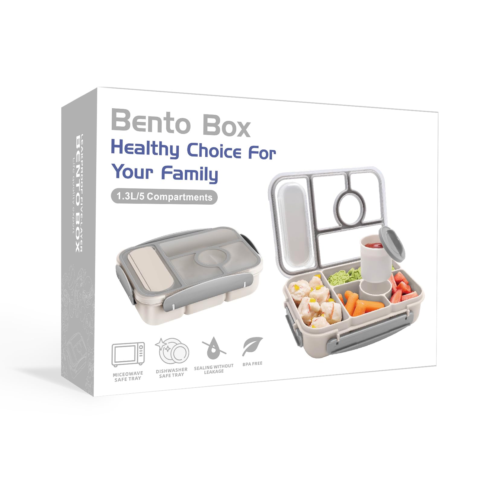 5 Compartment Bento Lunch Box for Adults & Kids - Microwave, Dishwasher & Freezer Safe with Sauce Containers | Perfect for School, Office & Picnic (White)