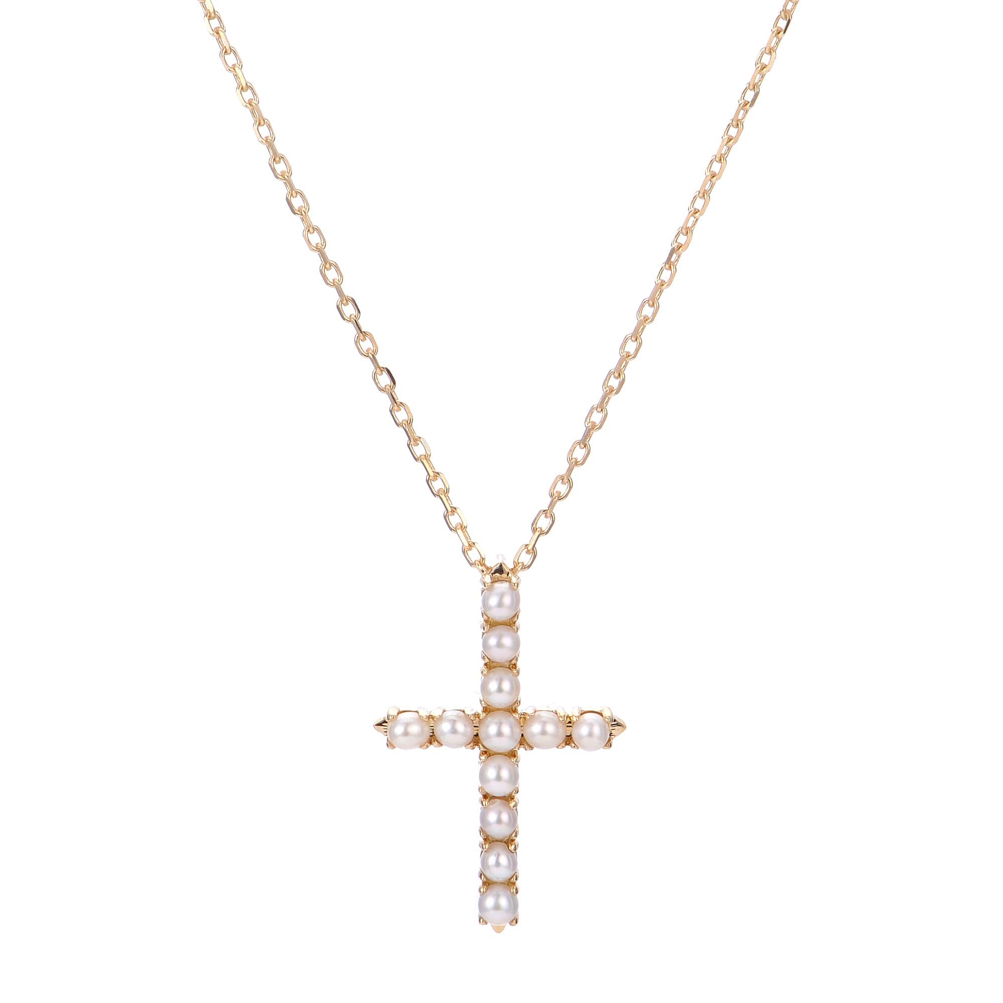14K Yellow Gold Freshwater Seed Pearl Cross Pendant Necklace for Women - Elegant Religious Jewelry Gift for Baptism, First Communion & Everyday Wear