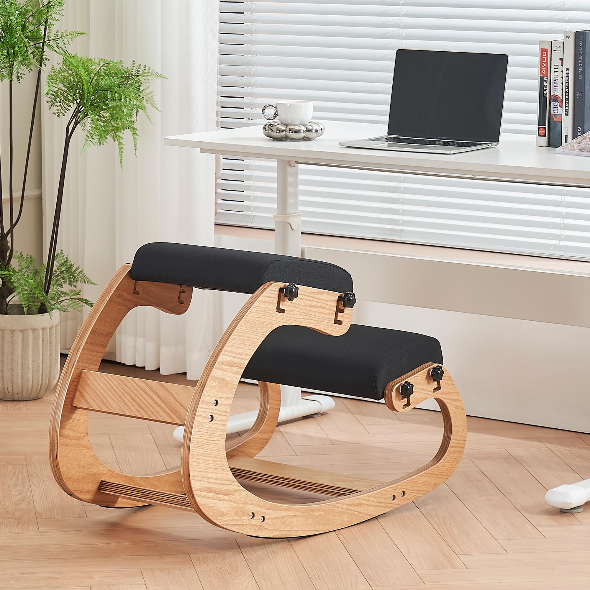 Ergonomic Kneeling Chair - Adjustable Rocking Office Chair for Back Pain Relief, Wooden Posture Corrector for Home & Office Use, Black - Perfect for Long Work Sessions & Meditation