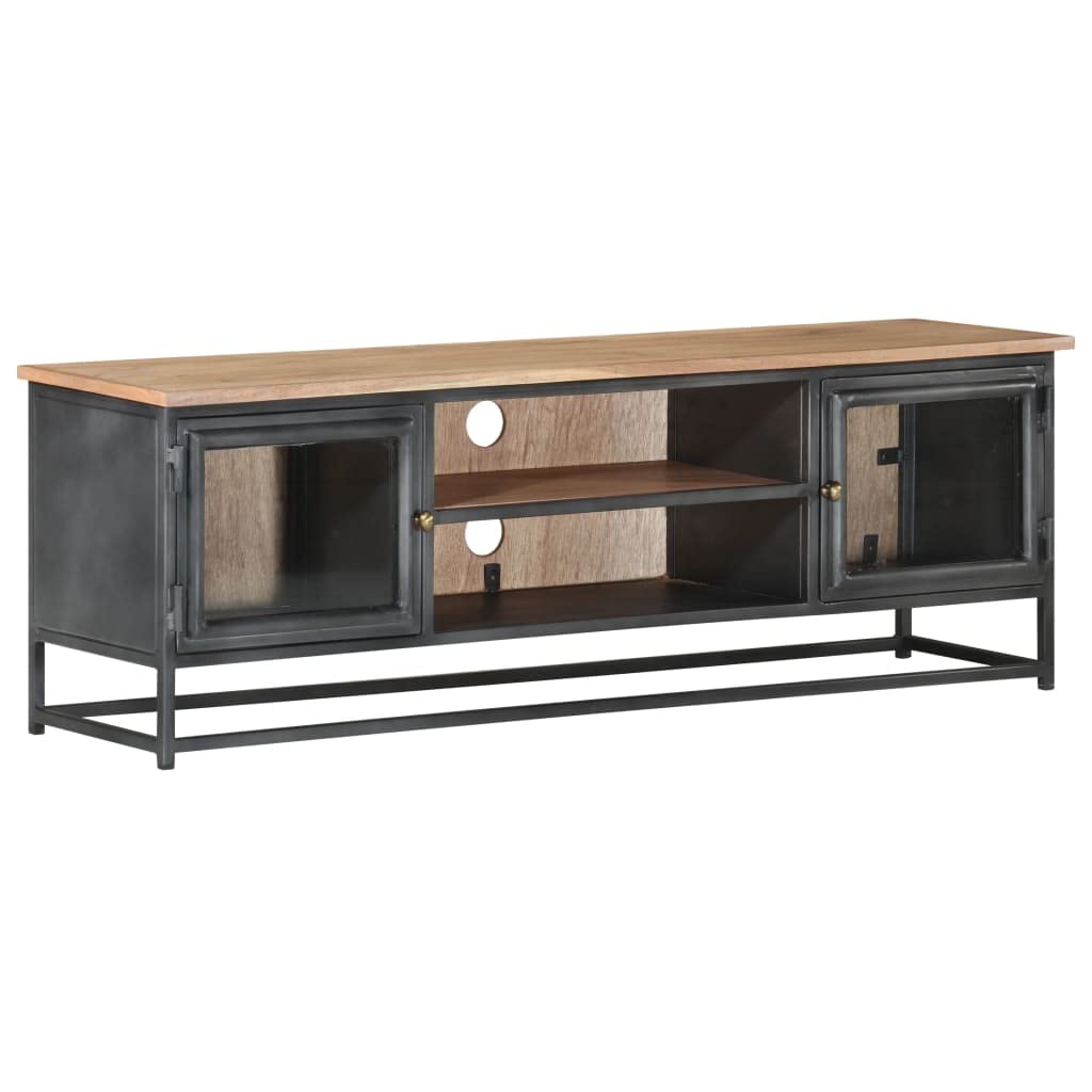 Industrial-Style Acacia Wood TV Stand with Steel Legs - Gray Entertainment Cabinet with Glass Doors & Storage - Perfect for Living Room, Home Theater & Media Organization