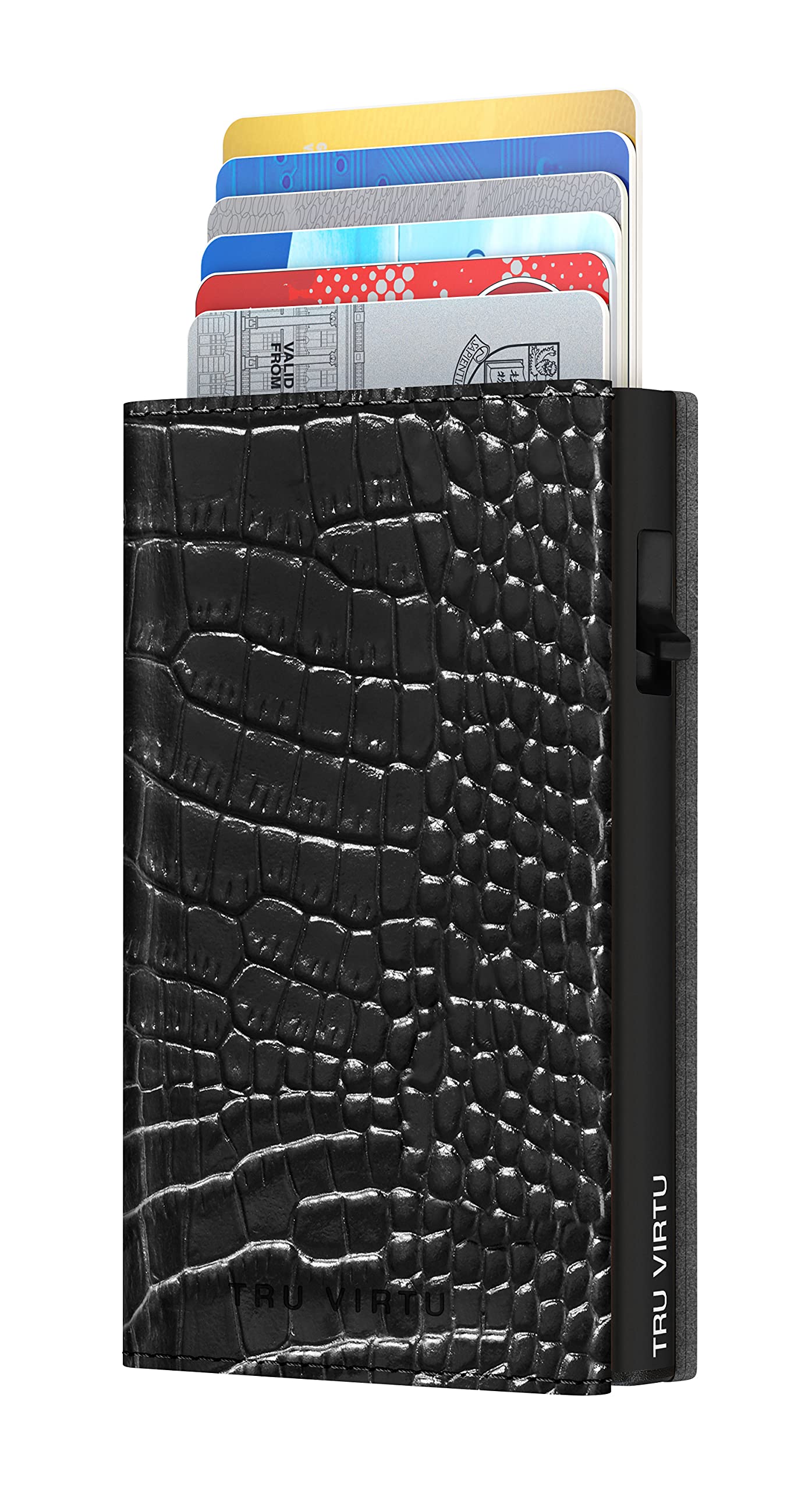 Tru Virtu® Slim RFID Blocking Credit Card Holder - Genuine Italian Leather Wallet with Click & Slide Design | NFC Protection | Croco Black/Black | Perfect for Travel, Business & Everyday Use
