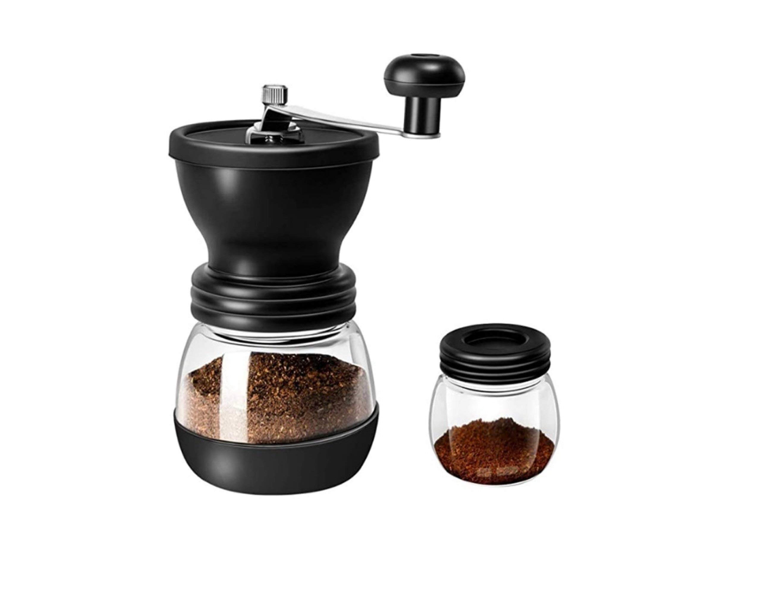 Premium Manual Coffee Grinder with Ceramic Burrs - Portable Hand Crank Mill with Glass Jar, Silicone Cover & Stainless Steel Handle for French Press, Espresso & Pour Over - Perfect for Home, Office & Travel (Black)