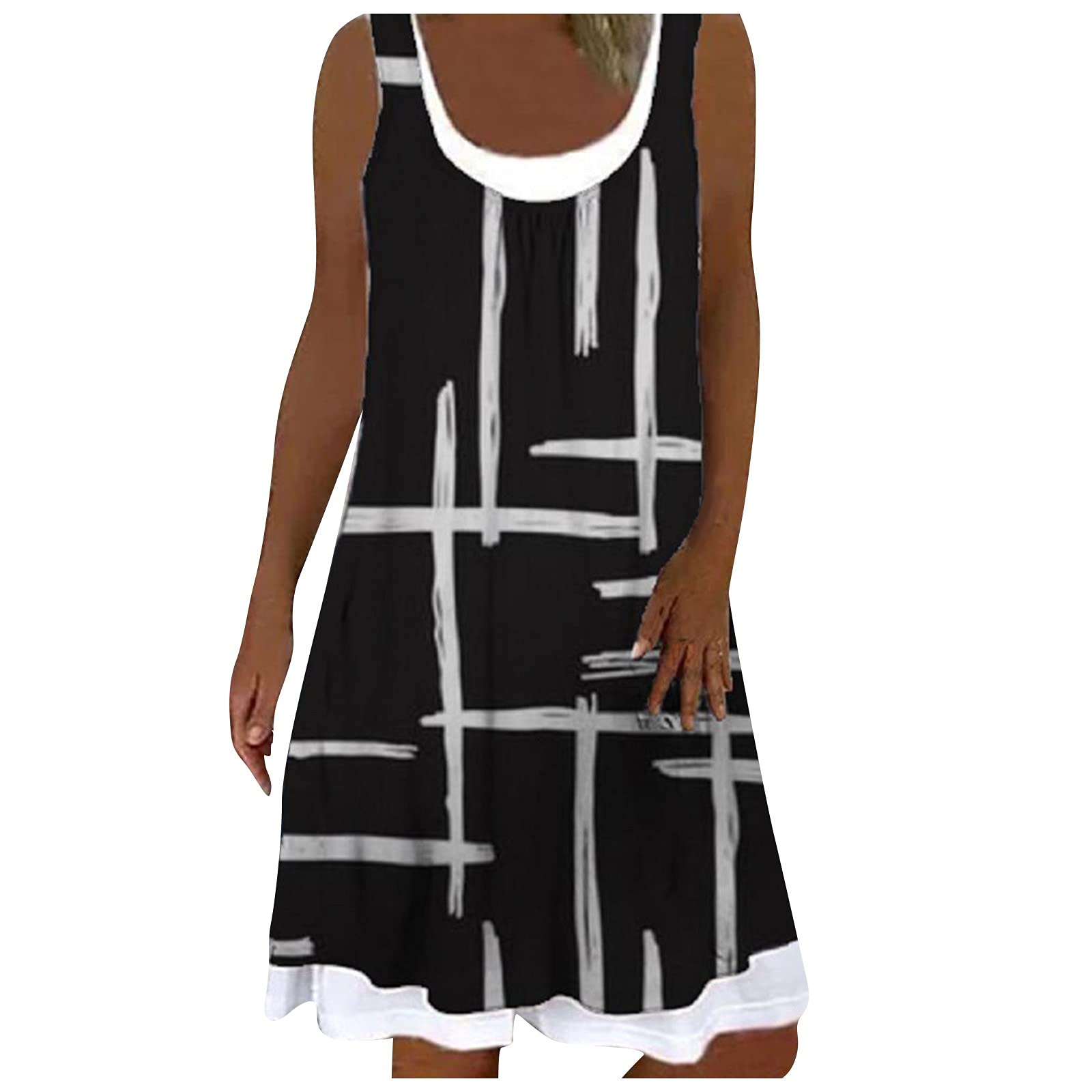 Plus Size Women's Beach Dress - Crew Neck Ruffle Sleeveless Halter Dress with Pockets | Summer Vacation, Pool Party & Casual Outfit