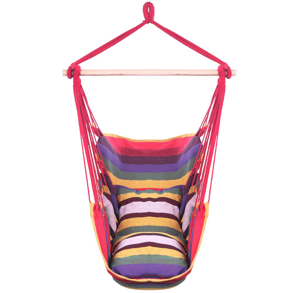 LxHealthy Hanging Rope Chair - Cotton Canvas Swing Chair with Comfort Pillows (Rainbow Colors) for Indoor/Outdoor Relaxation in Bedroom, Garden or Patio