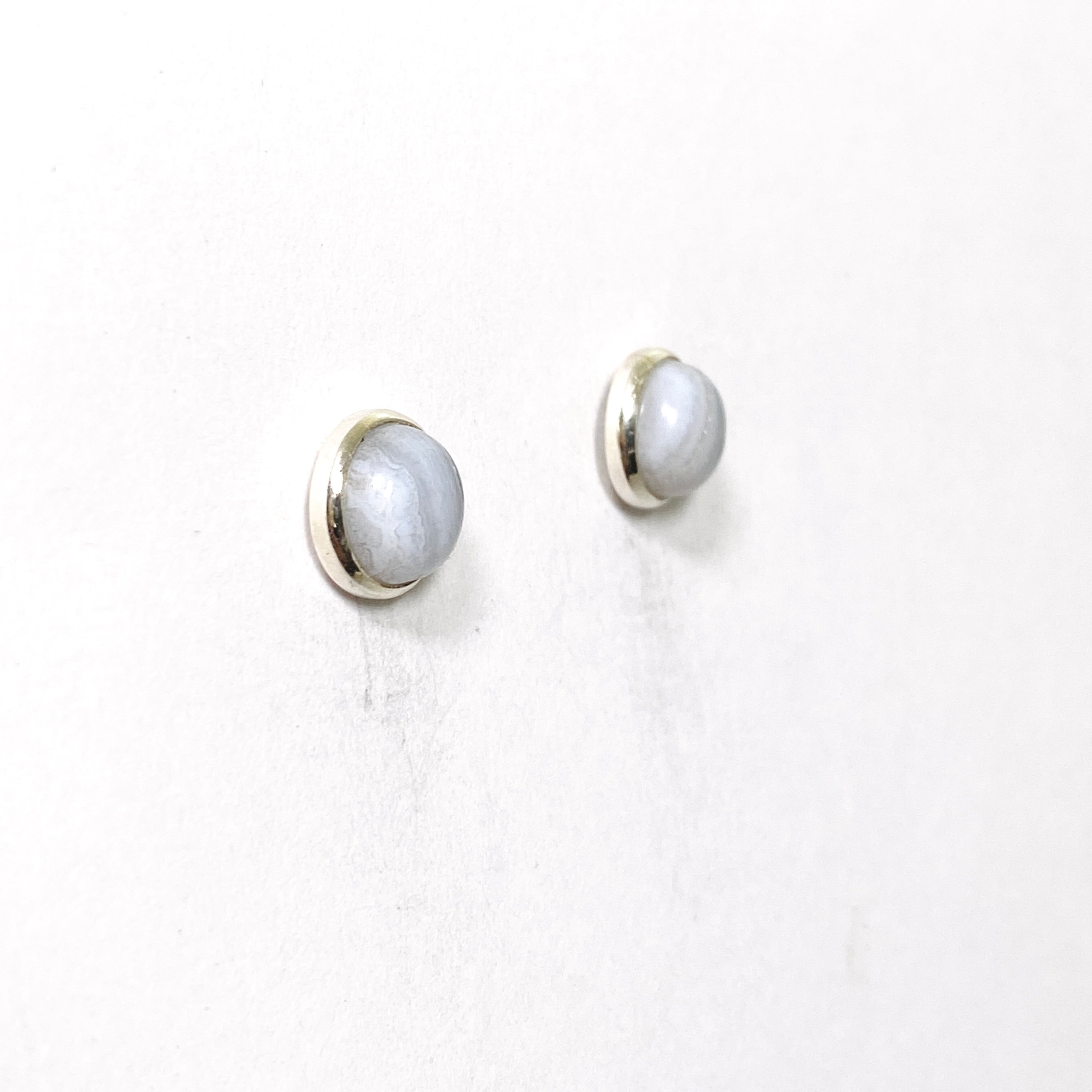 Blue Lace Agate Oval Cabochon Bezel Set Earrings - Natural Stone Jewelry for Women - Perfect for Boho Style & Everyday Wear (PSE031)