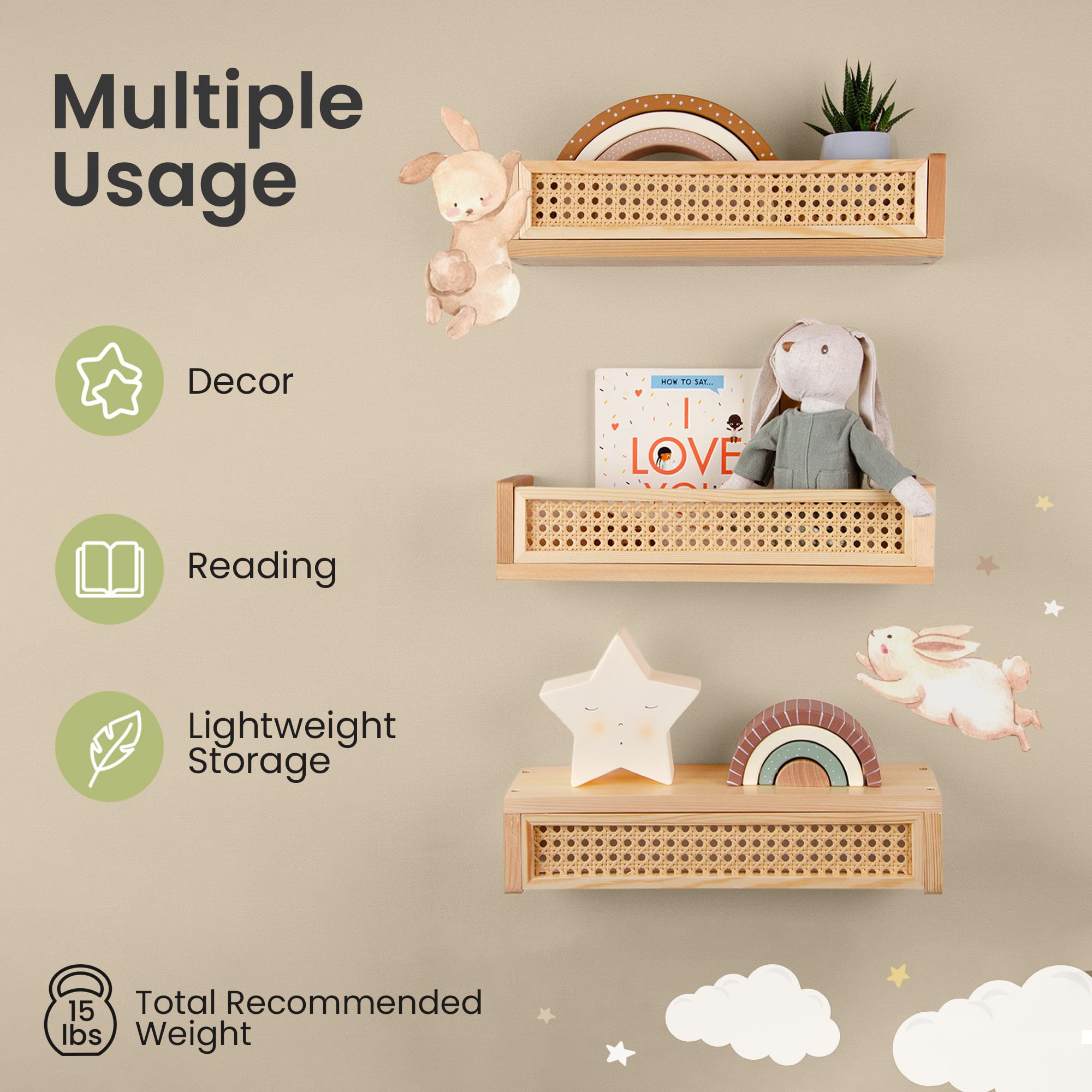 3 Pack Rattan Wall Shelves - 16 Inch Boho Nursery Floating Bookshelves for Nursery Decor, Kids Room & Living Room | Perfect for Organizing Books, Toys & Decorative Items