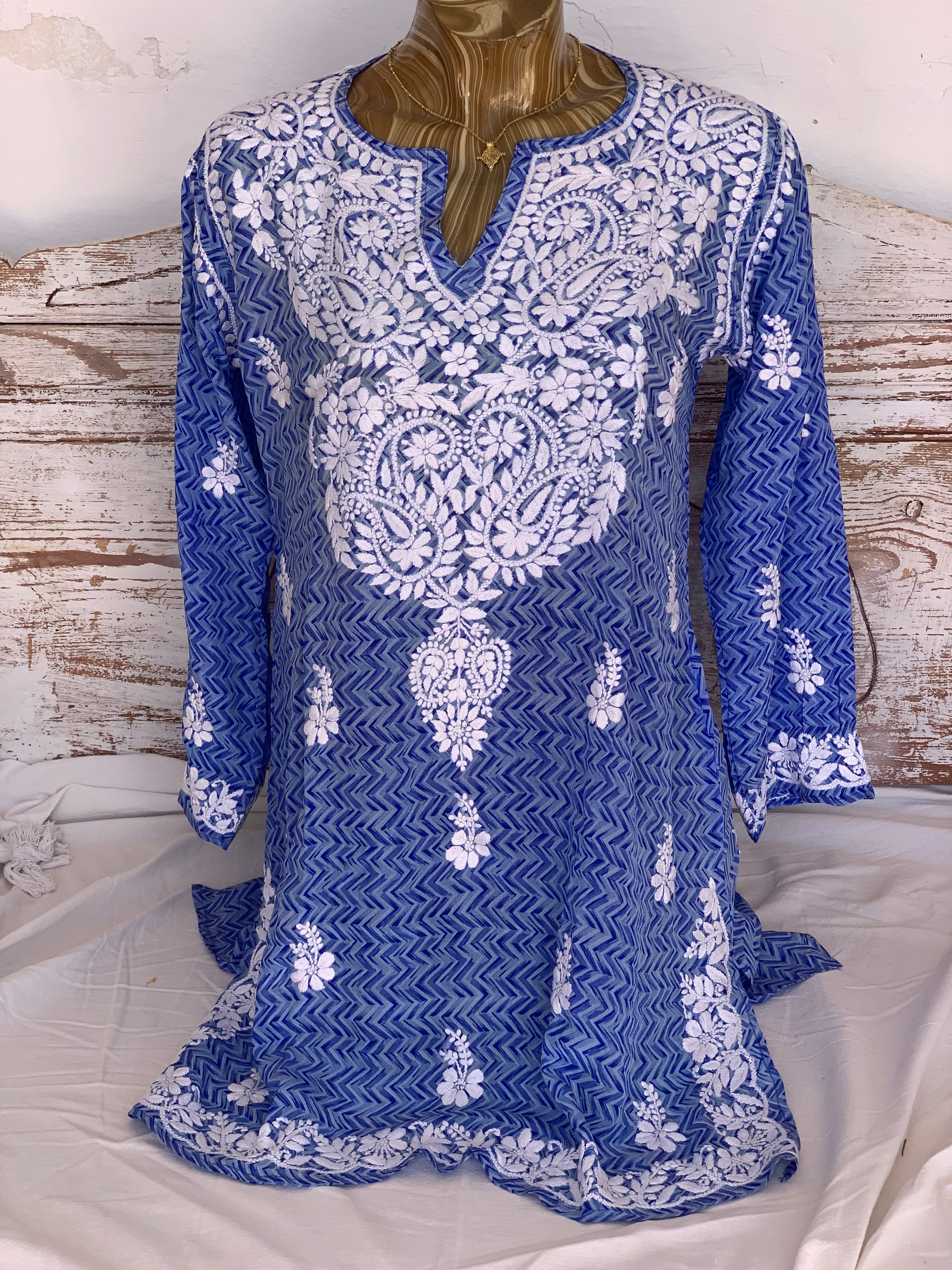 2024 New Women's Silk Tunic Top - Elegant Hand-Painted Blue Design | Perfect for Casual Wear, Summer Outfits & Boho Fashion