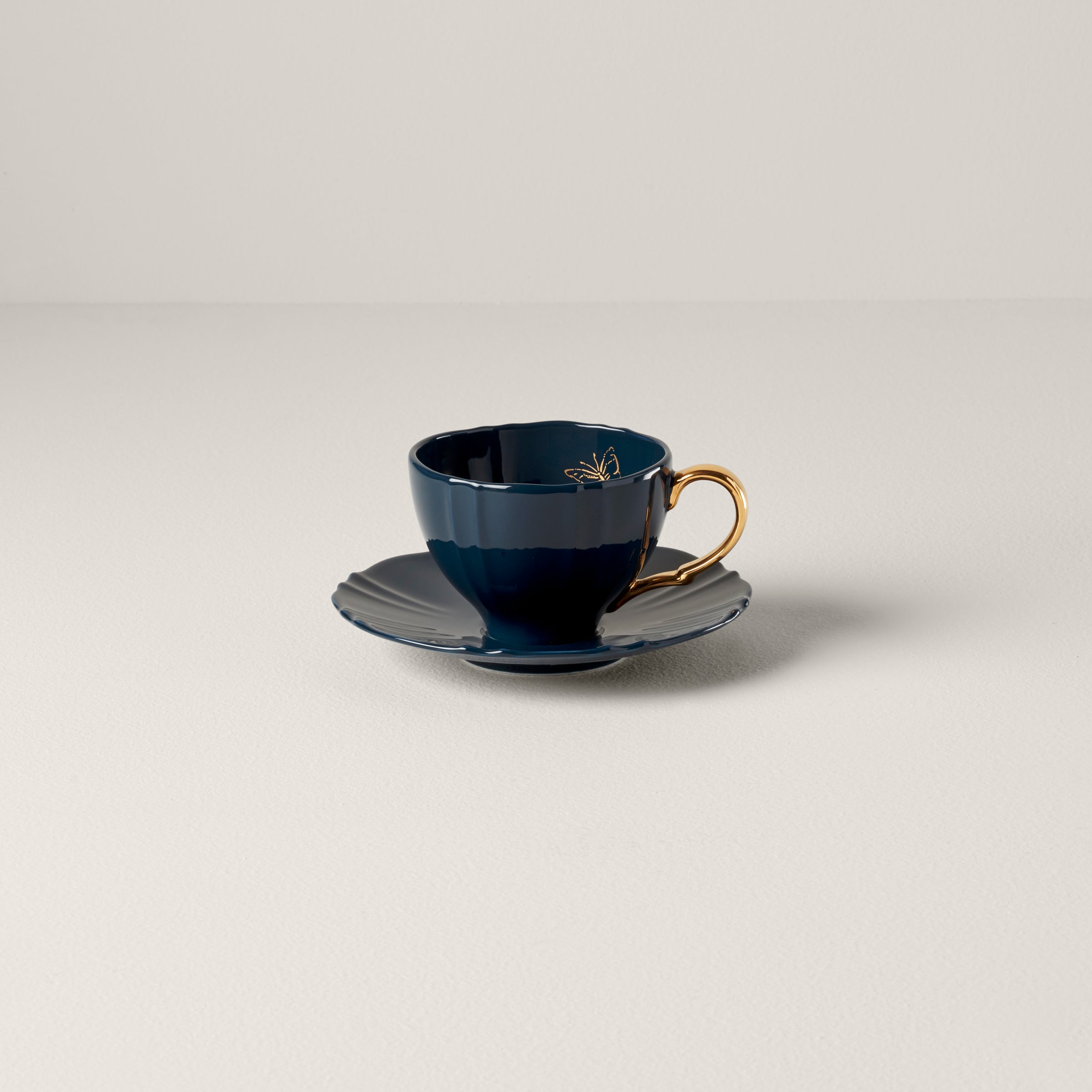 Sprig & Vine Navy Teacup and Saucer Set - Elegant Porcelain Tea Cup with Matching Dish for Afternoon Tea, Gifts, and Home Decor