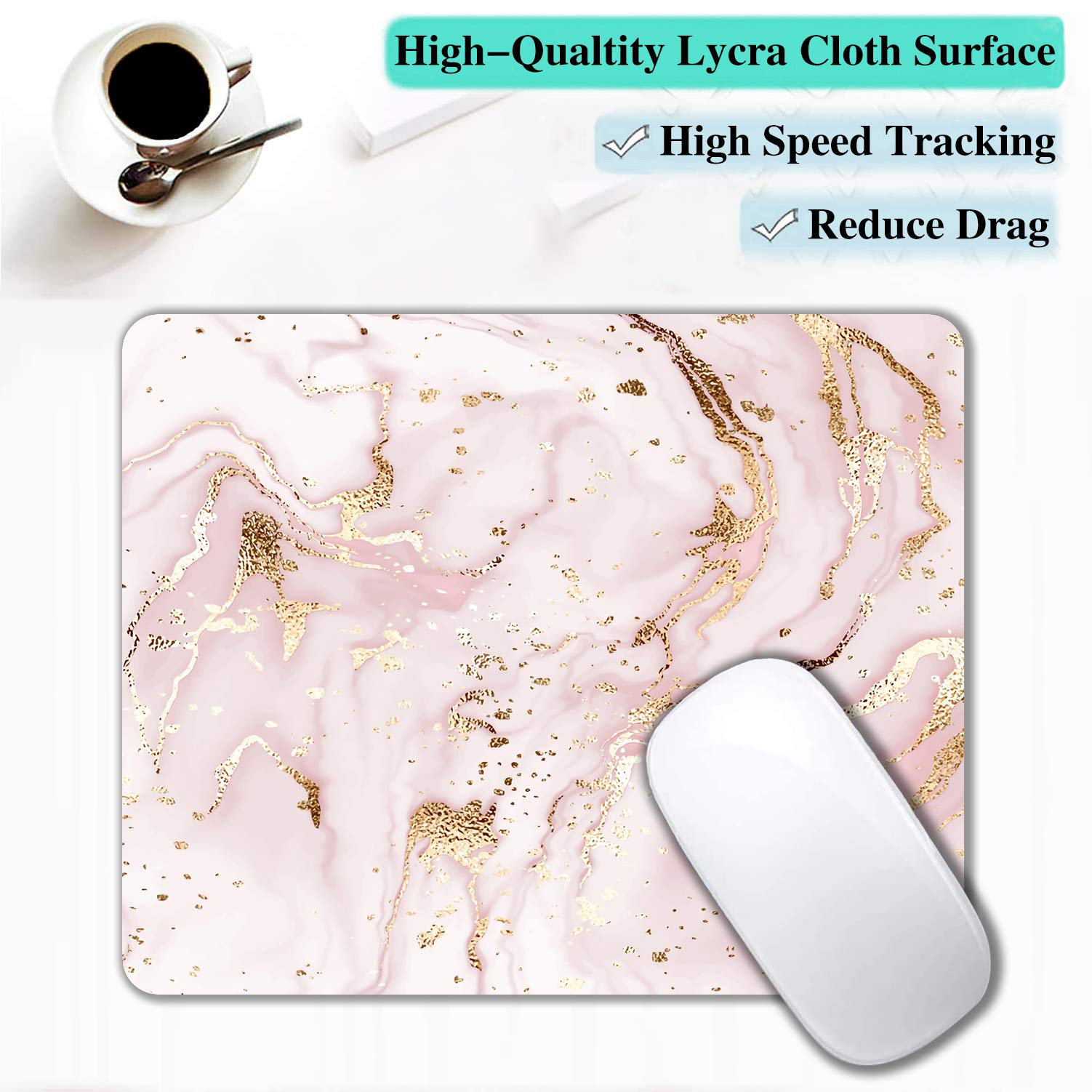 Pink Rose Gold Marble Mouse Pad - Non-Slip Rubber Base Wireless Mouse Mat for Laptop & PC - Portable Office Desk Accessory for Work, Gaming & Home Use