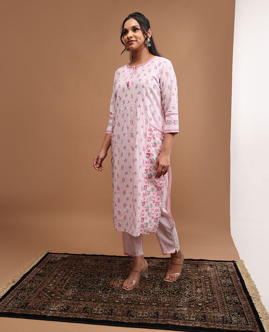 Baby Pink Floral Design Round Neck 3/4 Sleeve Below Knee Length Top with Straight Pants & Floral Printed Dupatta - Elegant Ethnic Outfit for Women's Parties, Weddings & Festive Occasions