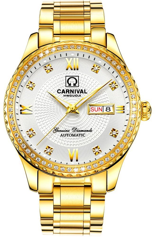 Luxury Swiss Made Men's Gold Watch - Automatic Analog Display with Calendar, Week Indicator & Luminous Hands - Stainless Steel Diamond Watch (White) - Perfect for Business, Formal Events & Special Occasions