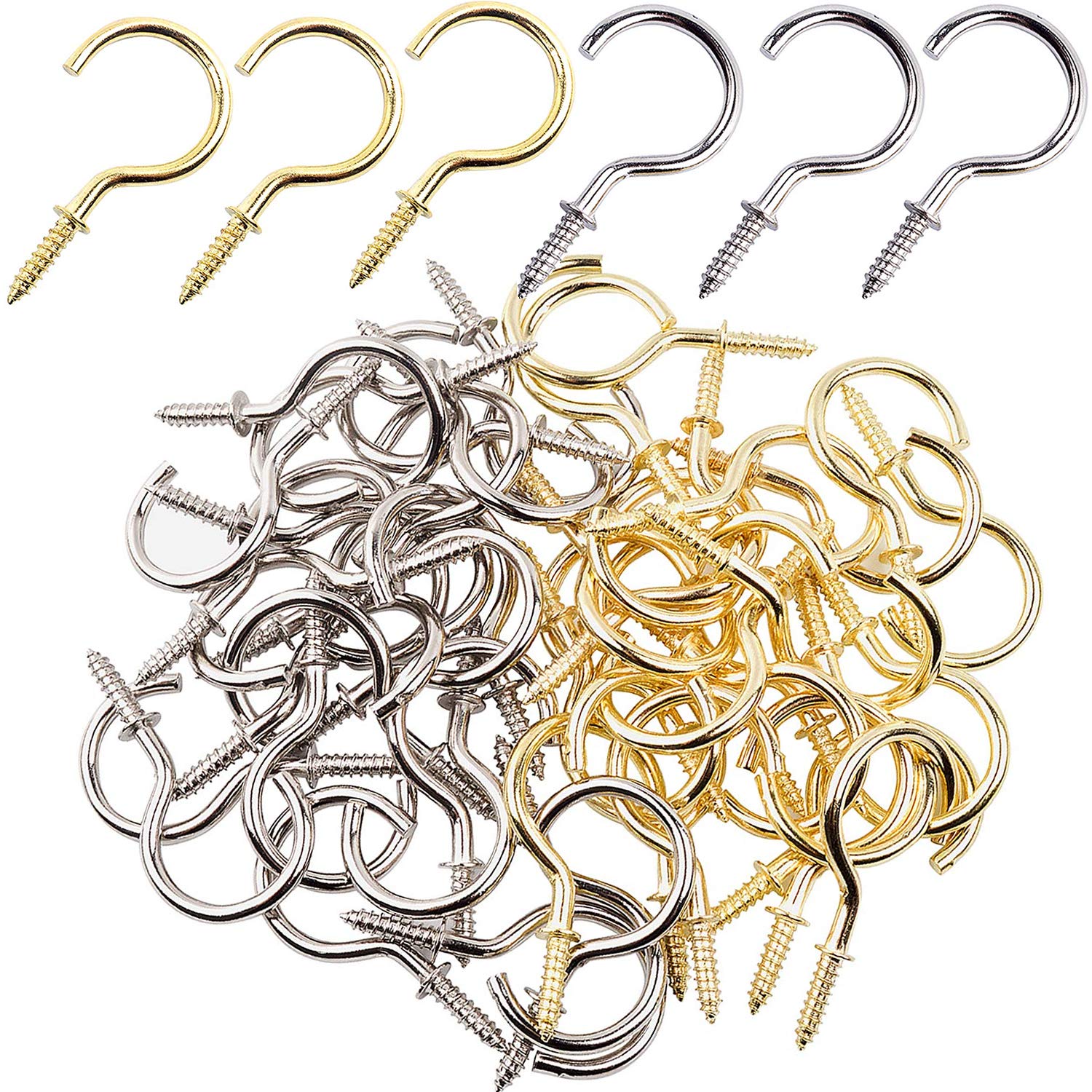 Aylifu 100-Pack Small Screw-in Ceiling Hooks, 37mm (1.45in) Metal Cup Hooks for Wall & Ceiling - Silver & Gold Mug Hangers for Coffee Cups, Tea Mugs, Plants, Lights - Perfect for Kitchen, Bathroom, Garage Organization