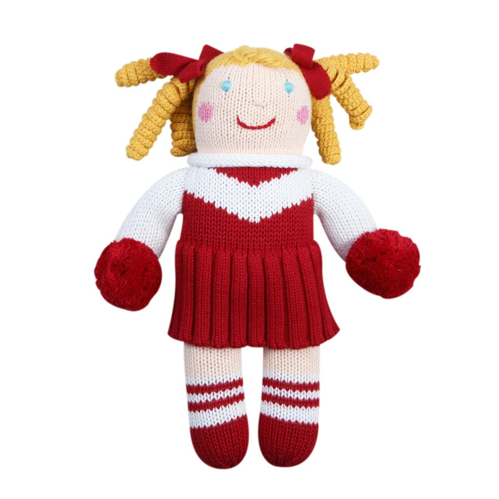 Handmade Knit Cheerleader Doll - Red & White Pom Poms - Perfect for Sports Fans, Game Day Decor & Gift Giving