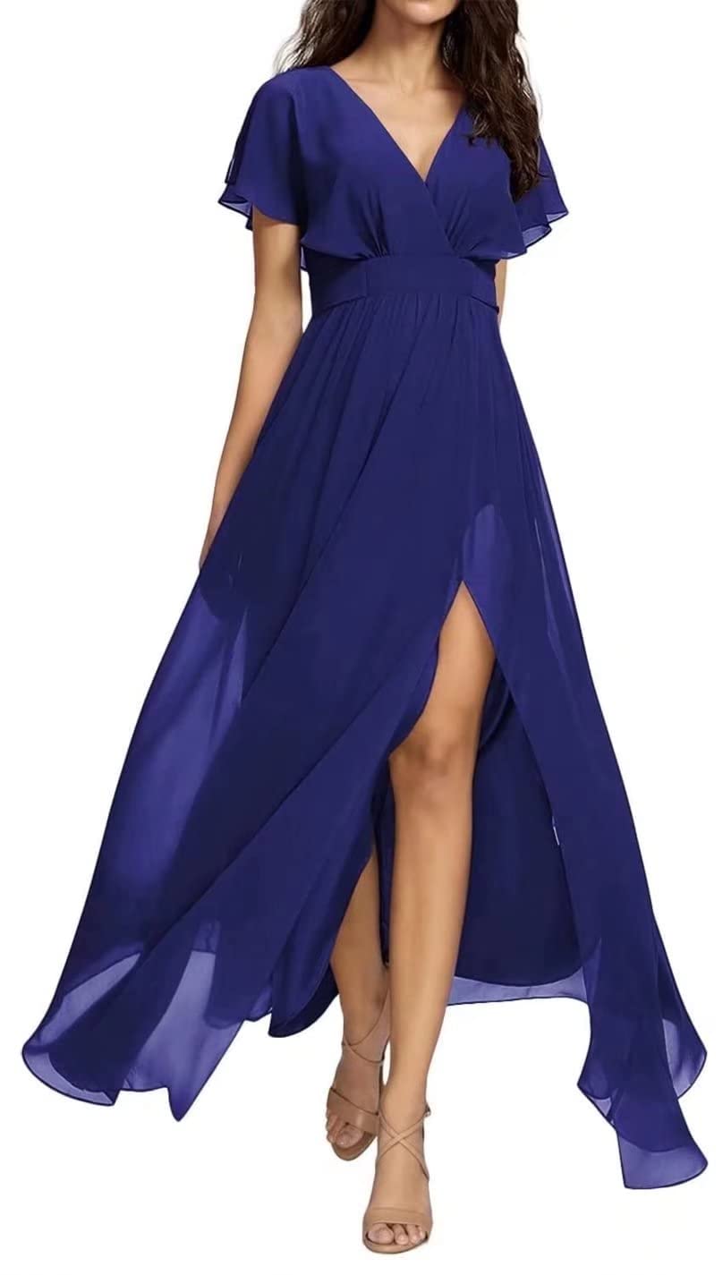 Yadressy Chiffon Maxi Dress for Women - Elegant A-Line Bridesmaid Dress with Long Ruffle Sleeves & High Slit | Perfect for Evening Parties, Weddings & Formal Events