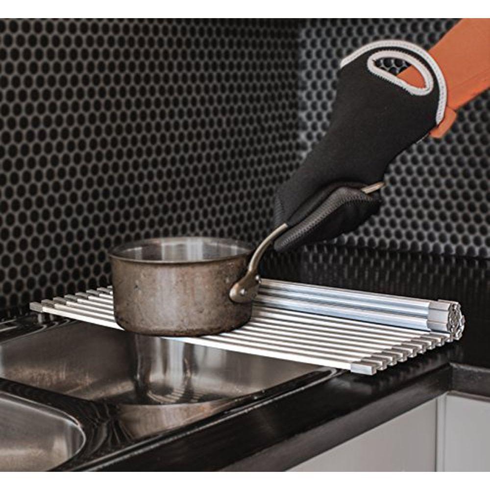 Stainless Steel Heavy Duty Over Sink Dish Drying Rack - Space Saving Roll Up Design for Compact Kitchens, Apartments & RVs