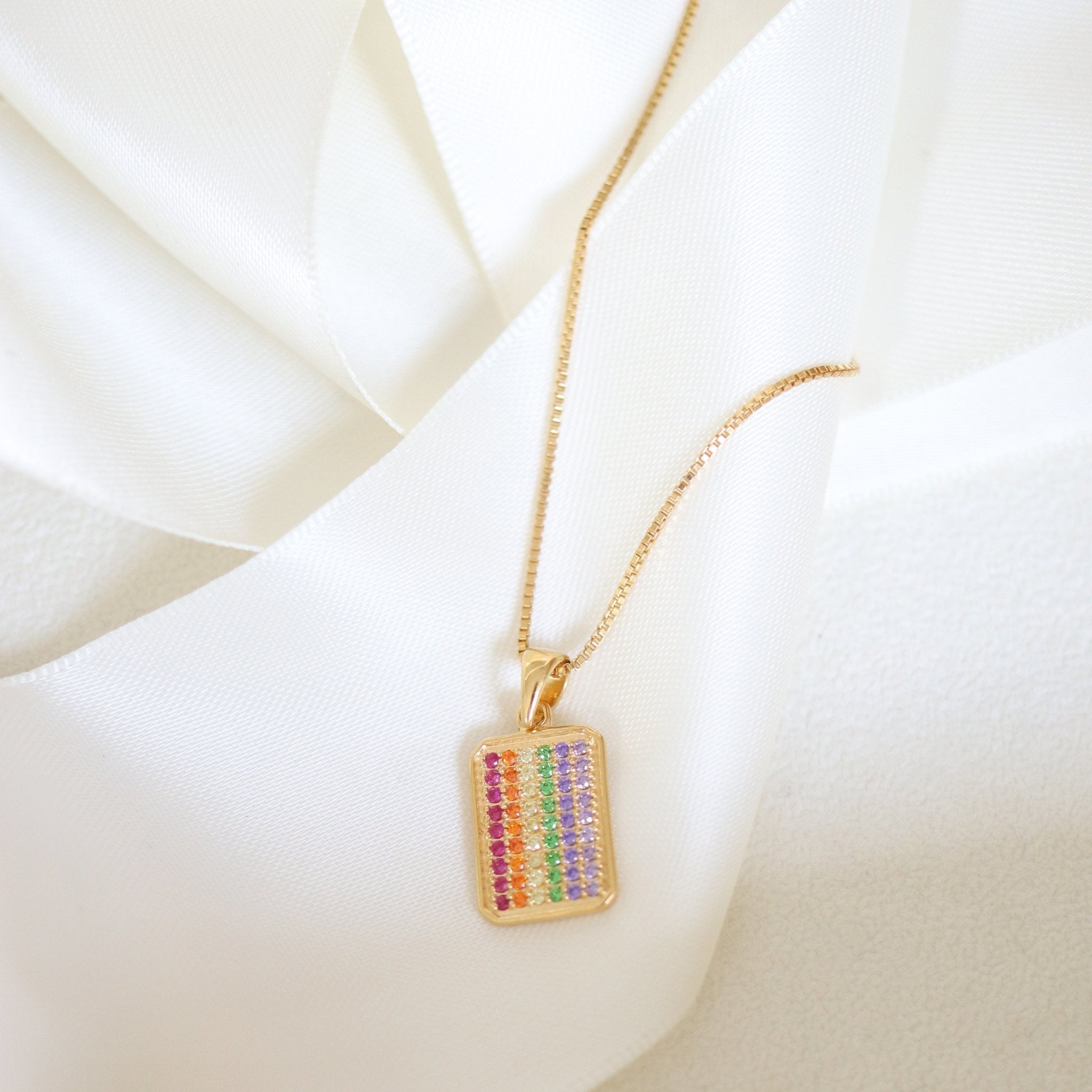 LOVE DAINTY Dog Tag Necklace - Rainbow Cubic Zirconia & Gold Plated Pendant - Perfect for Valentine's Day, Anniversary Gifts & Everyday Jewelry