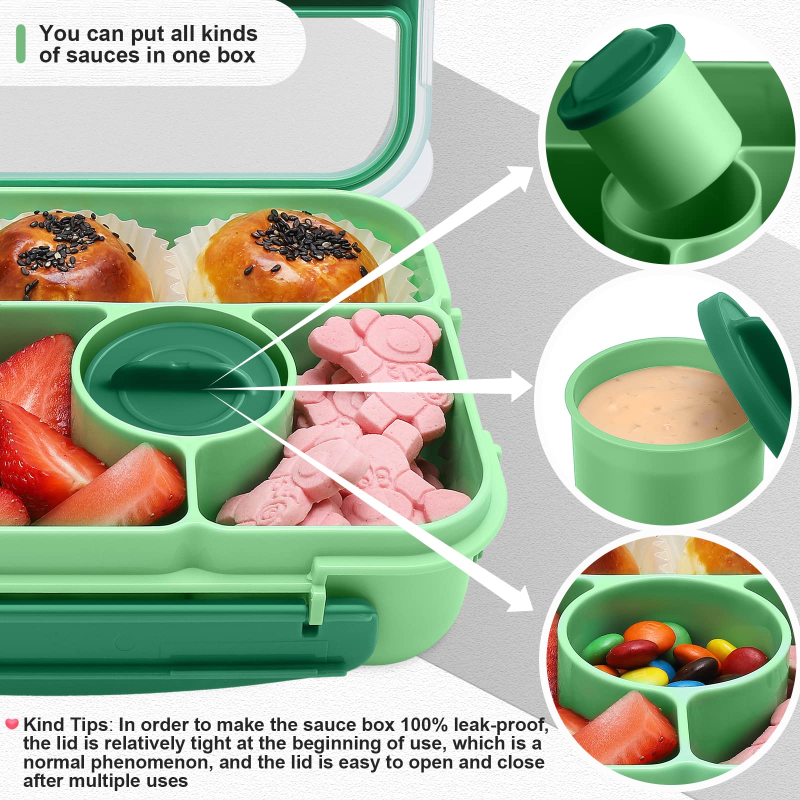 5-Compartment Bento Lunch Box for Adults & Kids - Microwave, Dishwasher & Freezer Safe with Sauce Containers | Perfect for School, Office, Picnics & Meal Prep (Green)