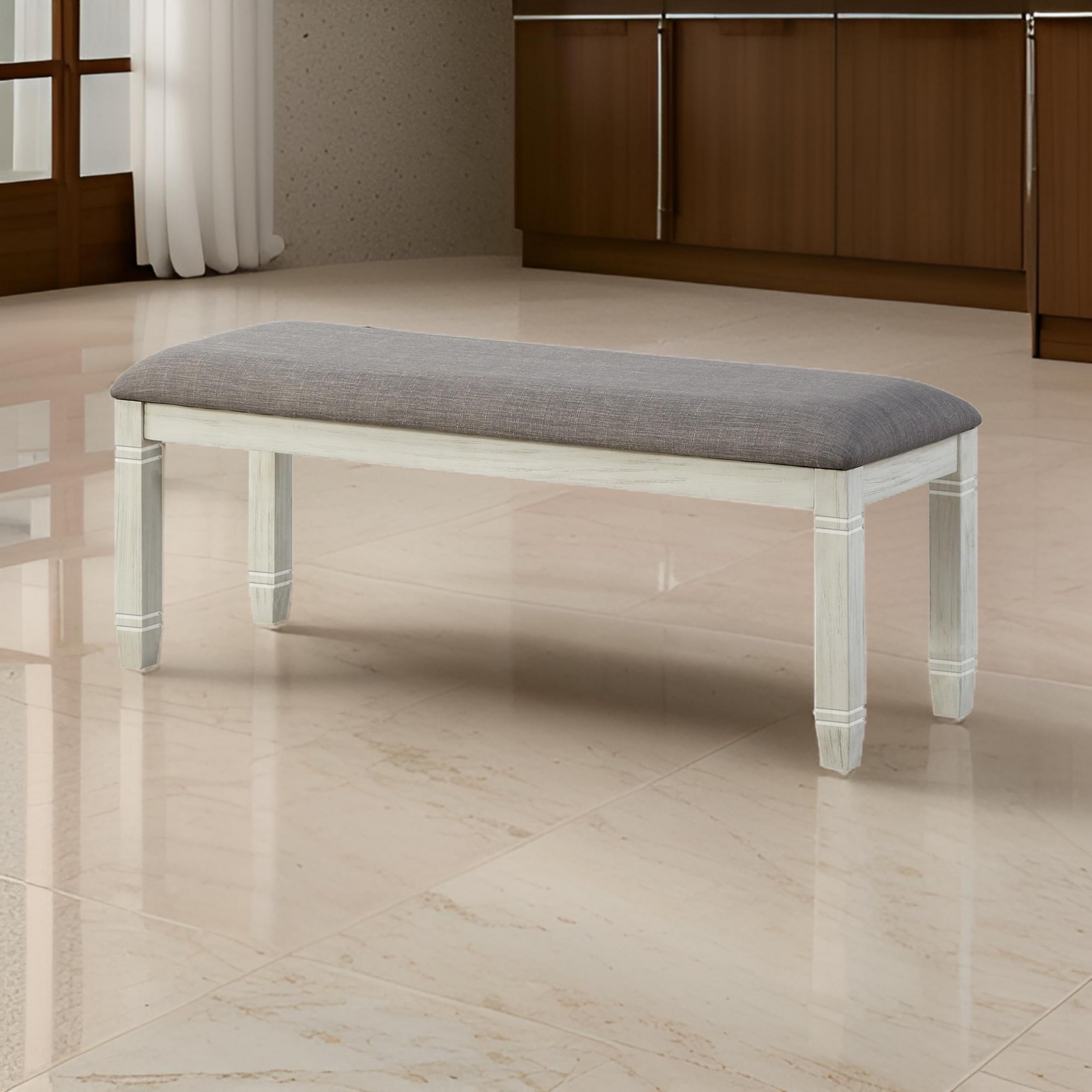 Benjara Fabric Upholstered Padded Bench with Tapered Feet - White & Gray Accent Seat - Perfect for Bedroom, Entryway or Living Room Decor