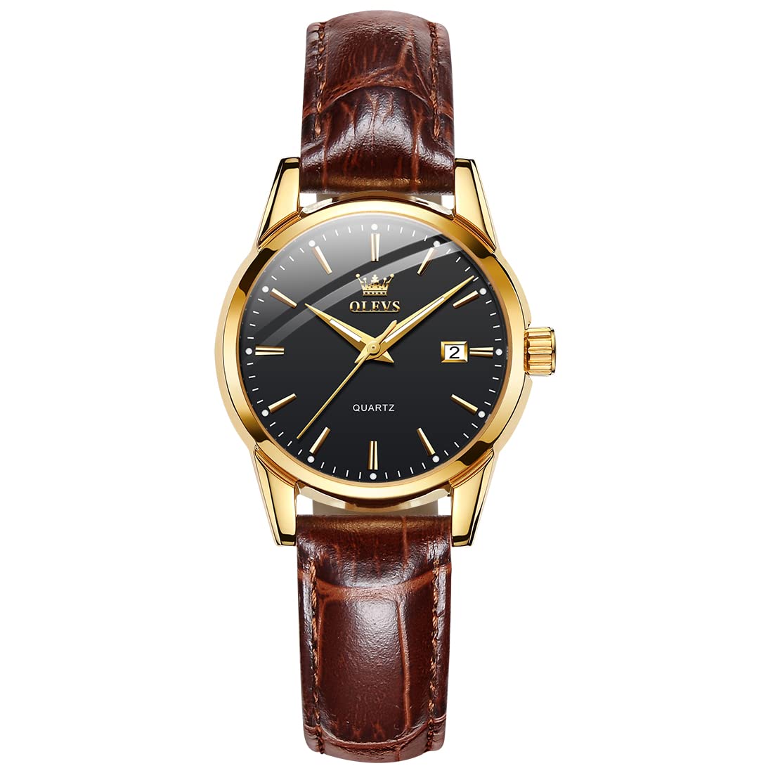 OLEVS Women's Luxury Gold Watch - Brown Leather Strap for Casual & Office Wear