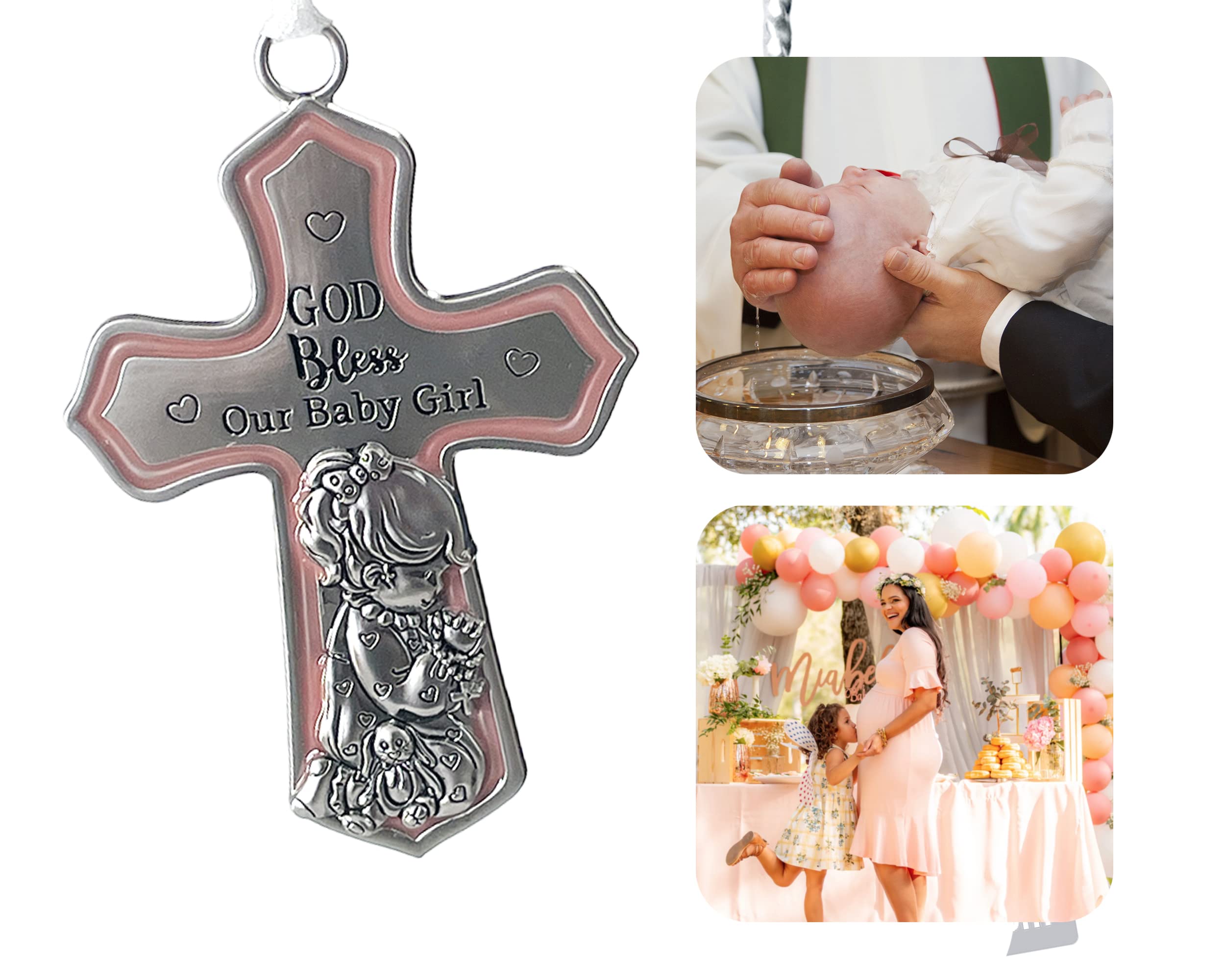 Ornate Crib Cross Decor with Ribbon for Baby Girl - Baptism, Christening & Baby Shower Gift - 'God Bless Our Baby Girl' - Perfect for Nursery Decor & Religious Celebrations
