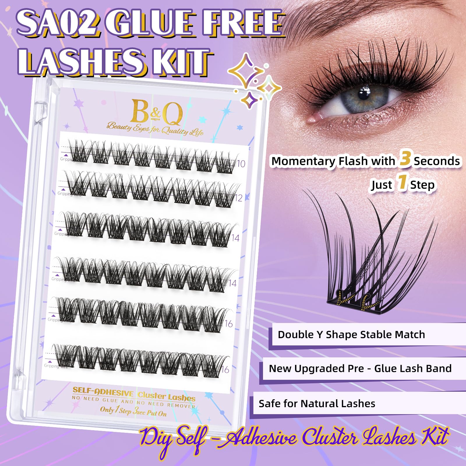 B&Qaugen Self Adhesive Eyelashes SA02 - 48 PCS Reusable No Glue Press On Lashes, D Curl 10-16mm with Lash Tweezers, 1 Step DIY Easy Apply False Eyelashes for Natural Look (SA02-D) - Perfect for Daily Wear, Parties, Weddings & Special Occasions