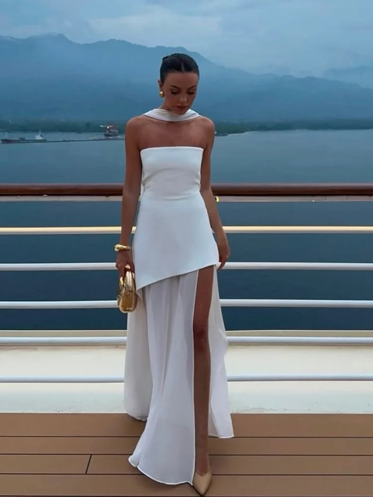 Elegant Off Shoulder Irregular Hem Dress with Scarf - Women's Sleeveless Backless Slim Fit Long Maxi Dress for Summer 2025 | Perfect for Beach Parties, Weddings, and Evening Events