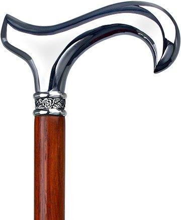 Premium Chrome Plated Derby Walking Cane with Padauk Wood Shaft & Rose Pewter Collar - Scratch & Dent Sale - V3240 | Mobility Aid for Seniors & Fashionable Walking Stick for Outdoor Use
