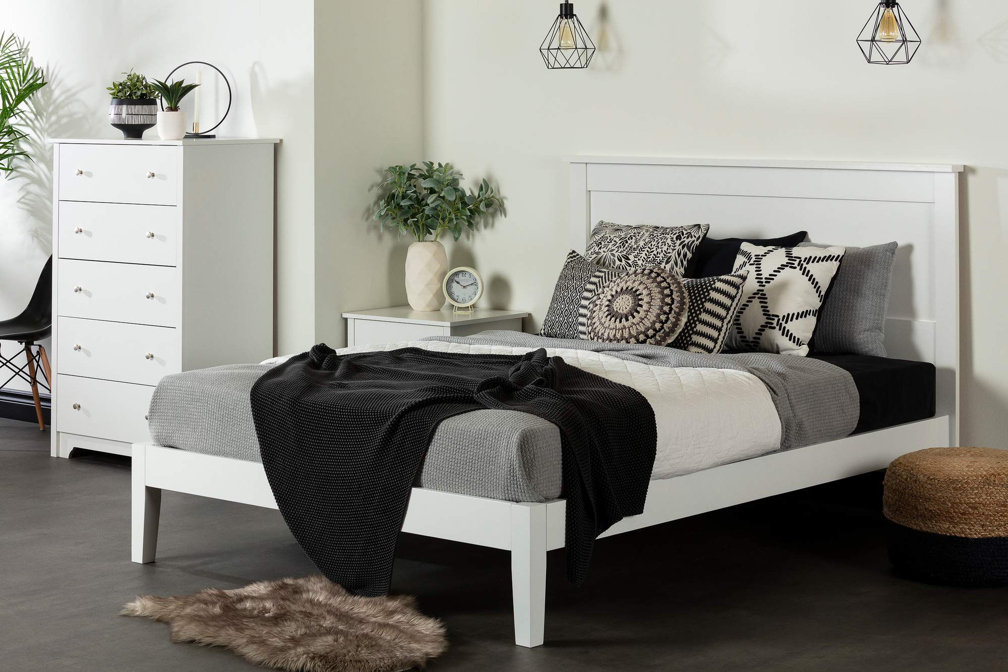 South Shore Vito Platform Bed Frame - Queen Size, Pure White Finish | Modern Minimalist Bedroom Furniture for Small Spaces & Apartments