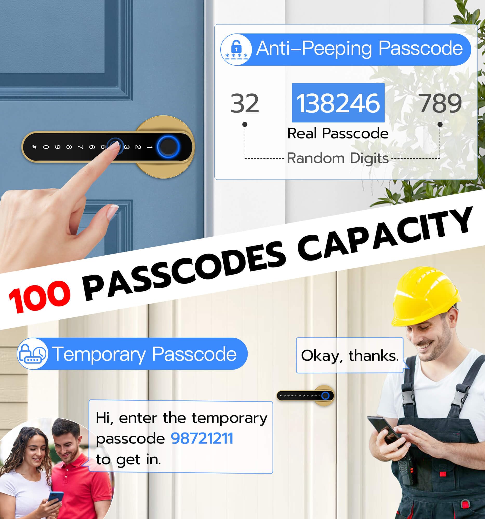 eLinkSmart Fingerprint Door Knob Lock - Keyless Entry Smart Lock with Biometric & Code Keypad - Electronic Security Door Lever for Bedroom, Interior & Indoor Rooms (Gold) | Perfect for Home Security & Smart Access Control