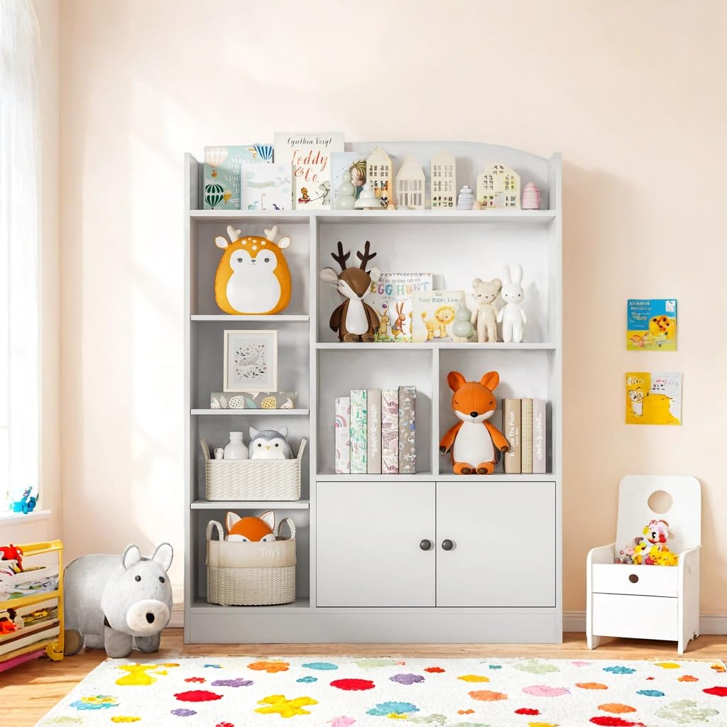 White Kids Bookshelf - 7 Cubbies & 2 Cabinets Book Storage Organizer for Bedroom, Playroom, Nursery | Sturdy Freestanding Bookcase for Children's Books, Toys & Decor | Perfect for Reading Nooks, Daycare & Homeschool Classrooms