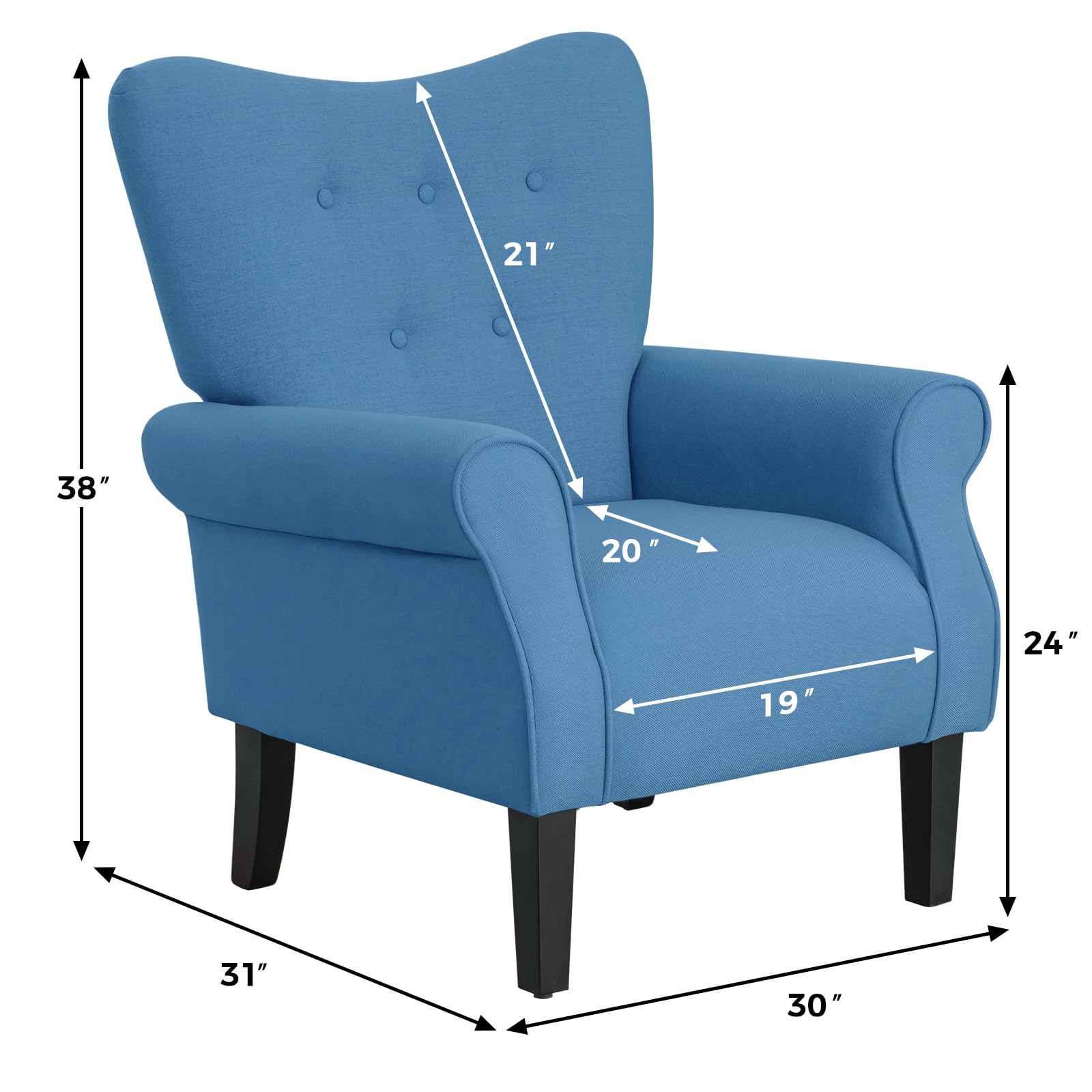 MELLCOM Mid Century Modern Wingback Arm Chair - Upholstered Fabric High Back Accent Chair with Wooden Legs, Single Sofa Club Chair for Living Room, Bedroom & Home Office - Blue | Perfect for Reading Nooks, Cozy Corners & Contemporary Decor