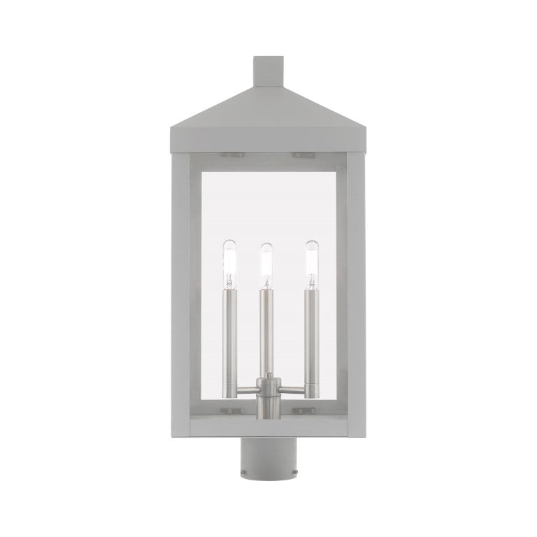 Nyack Outdoor Classics 3 Light Post Top Lantern - 24x10.5x10.5 Inch Solid Brass with Clear Glass & Nordic Gray Finish - E12 Candelabra Base Socket - 120V Outdoor Lighting for Garden, Patio, Walkway, Porch, and Exterior Posts