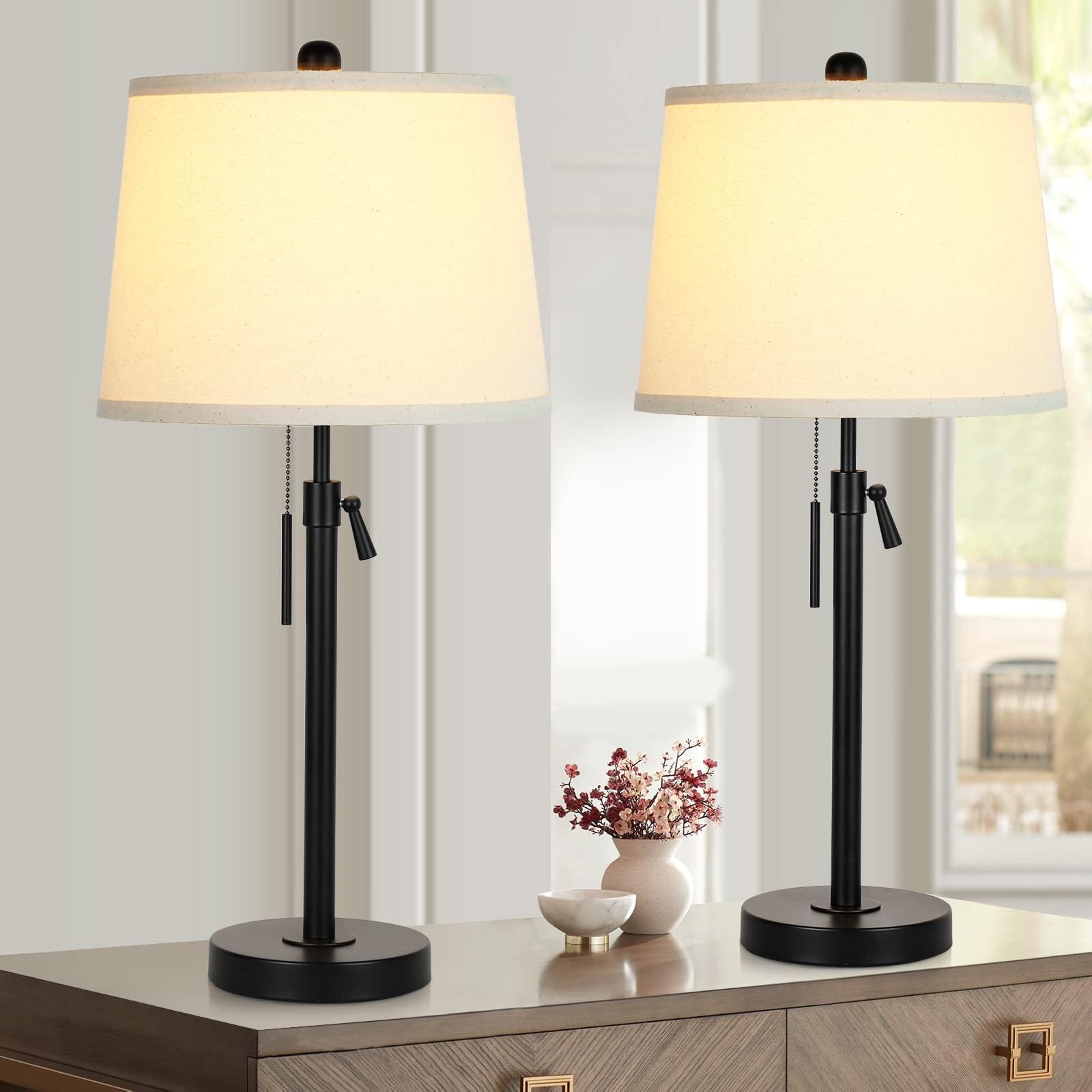 Modern Black Table Lamps Set of 2 - Adjustable Height 3-Way Dimmable Nightstand Lamps with Pull Chain Switch for Bedroom, Living Room & Office (Bulbs Included) | Perfect for Reading, Working & Creating Cozy Ambiance