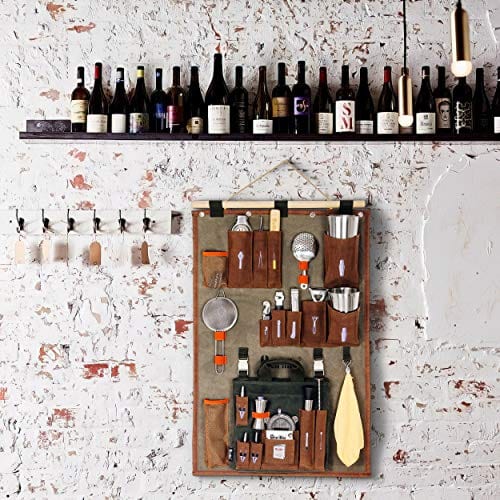 Professional Bartender Wall Organizer with Bar Tool Set - Waxed Canvas Cocktail Kit Organizer & Portable Bar Bag - Perfect for Home Bartending, Mixology & Entertaining Guests