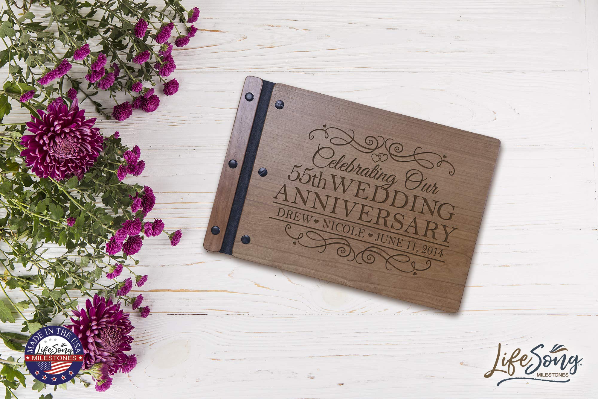 LifeSong Milestones Personalized 55th Wedding Anniversary Guest Book for Couples - Custom Wooden Cherry Keepsake for 55 Years of Marriage Celebration - Perfect for Golden Anniversary Parties & Romantic Gift for Husband & Wife