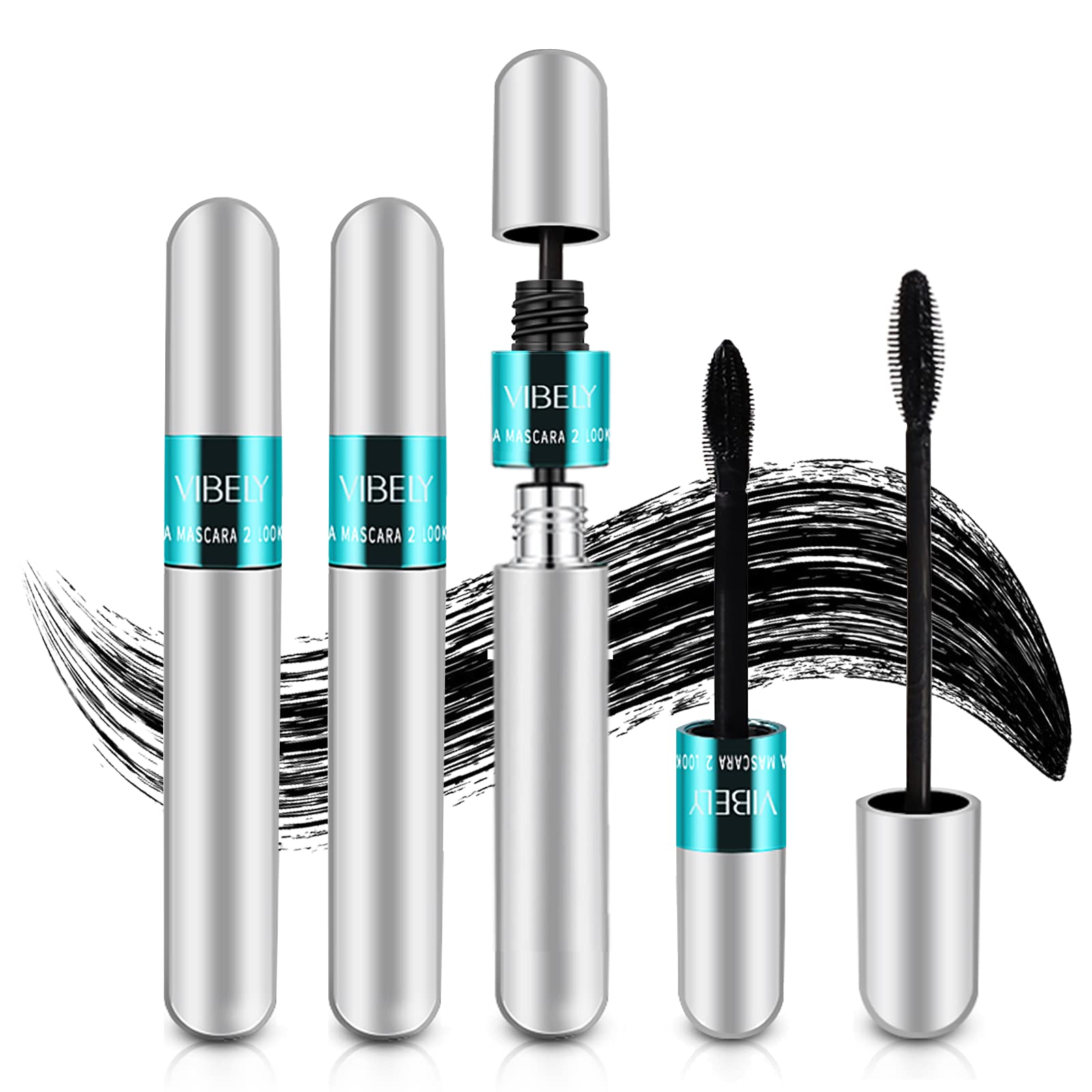 Vibely 5X Longer Waterproof Mascara - 2-in-1 Lengthening & Thickening Black Mascara with 4D Silk Fiber for Natural Lashes | No Clumping, Washable Formula | Perfect for Daily Wear, Special Occasions & Photography