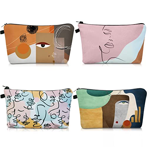 Noozion 4PCS Waterproof Makeup Bags for Women - Cute Cosmetic Organizer Pouch Set for Purse, Travel & Toiletry (Line Art Design) | Perfect for Daily Use, Gym, Vacation & Gift Giving