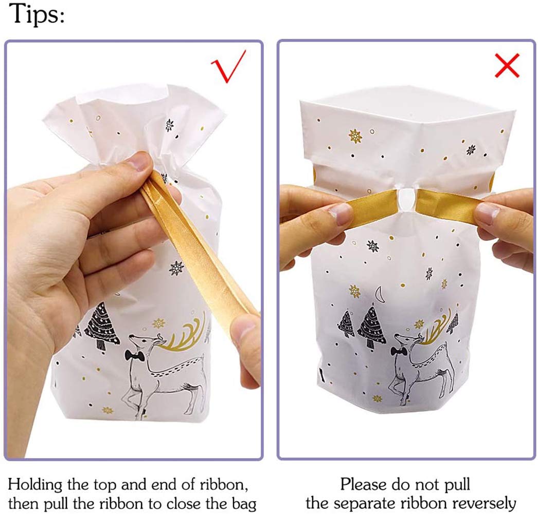 50pcs Plastic Treat Bags with Bows | Drawstring Gift Bags for Candy, Cookies & Party Favors | Christmas Goodie Bags (14.7x23.5x6cm) - Perfect for Holiday Gifting, Birthday Parties & Wedding Favors