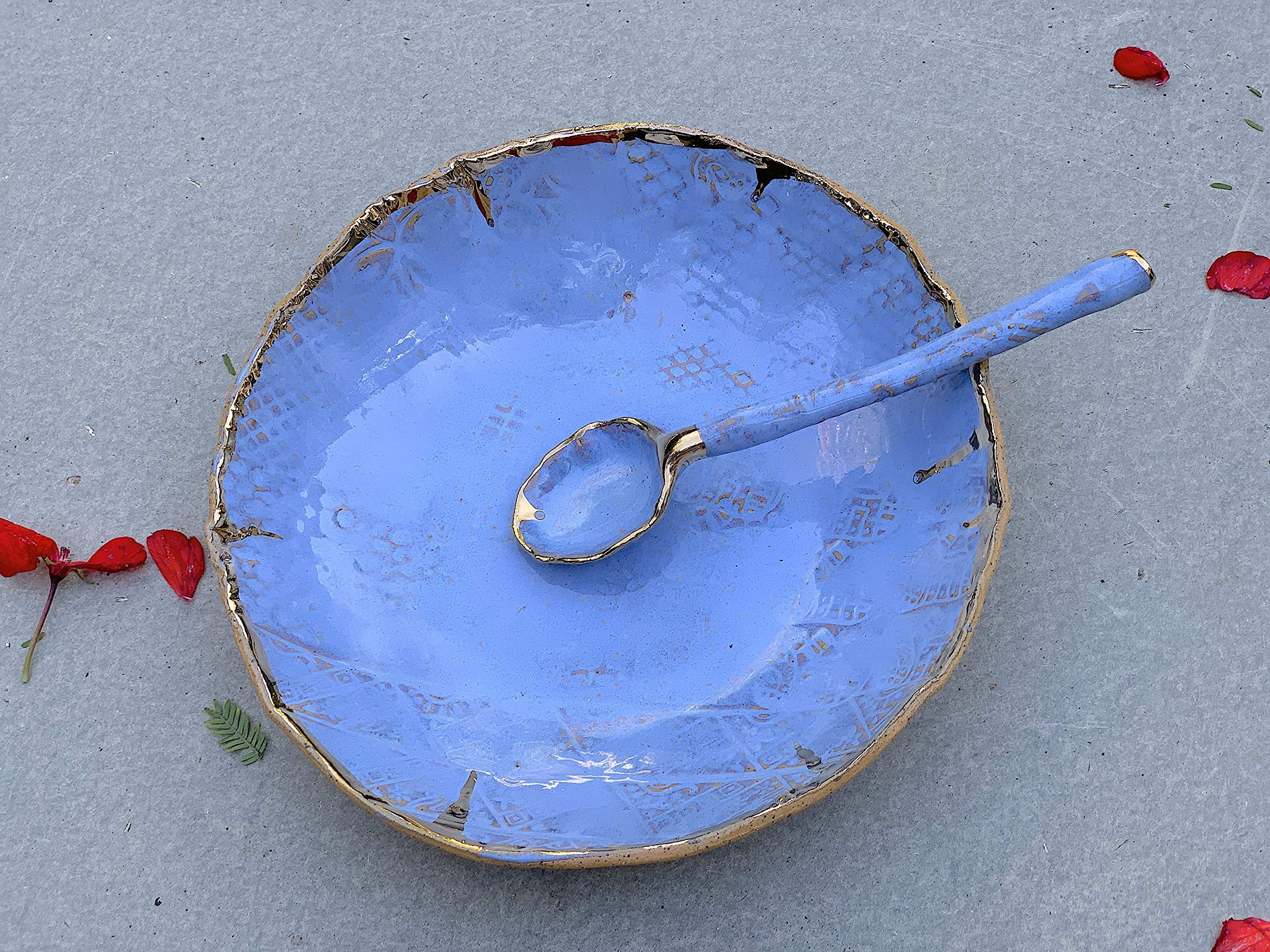 Handmade Ceramic Blue Gold and Brown Clay Bowl and Spoon Set - Artisan Kitchen Serving Dish for Soup, Salad, Dips, Cereal - Perfect for Dining, Gifts & Home Decor