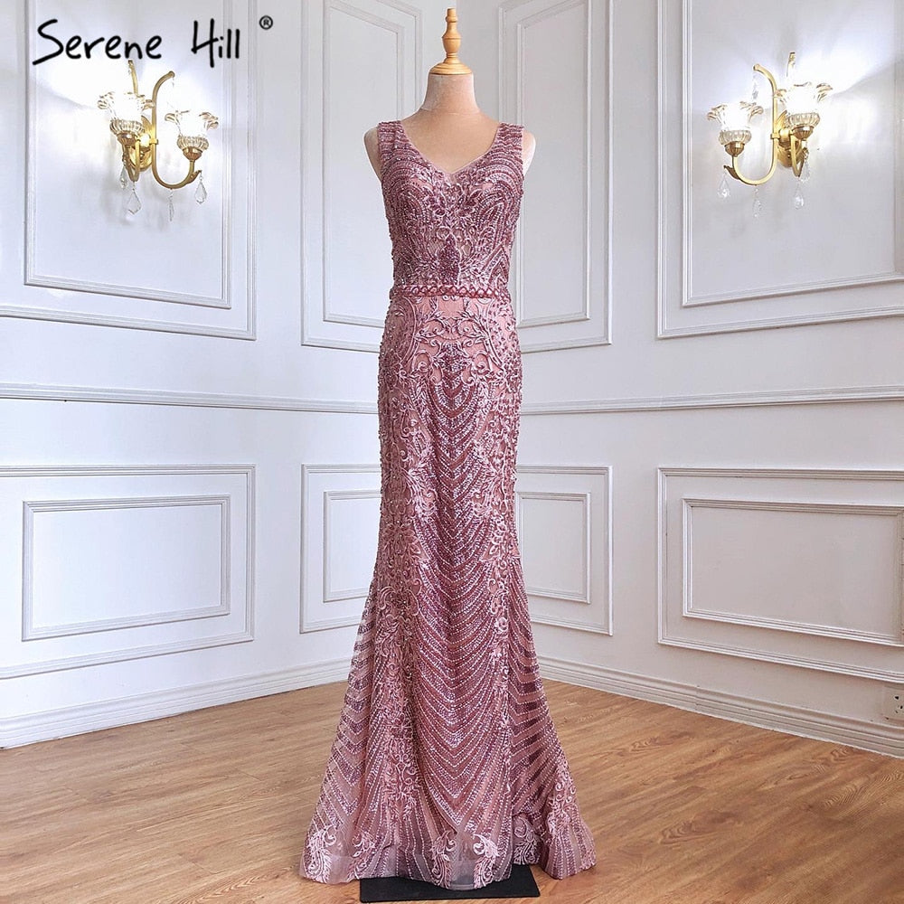 Elegant Pink Beaded Lace Mermaid Evening Gown for Women - Luxury Sexy Party Dress 2025 Collection | Perfect for Prom, Wedding Guest, Gala & Formal Events - Serene Hill LA70596
